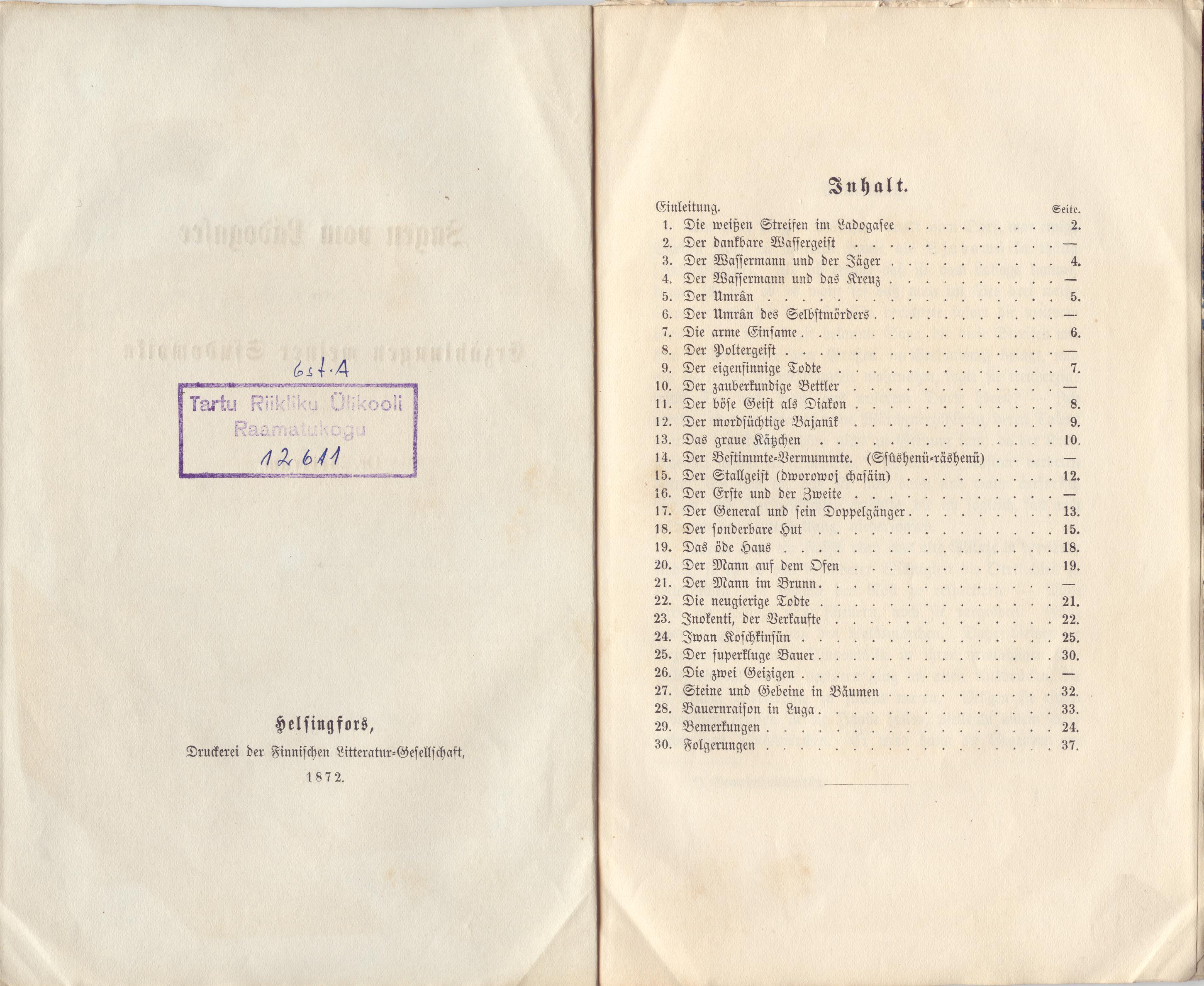 Ságen vom Ladogasee (1872) | 3. Inhaltsverzeichnis