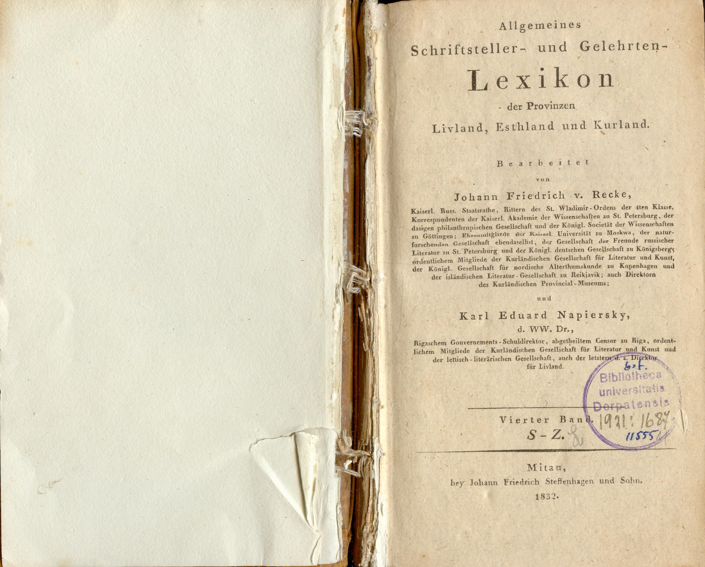 Allgemeines Schriftsteller- und Gelehrten-Lexikon [4/S-Z] (1832) | 1. Title page