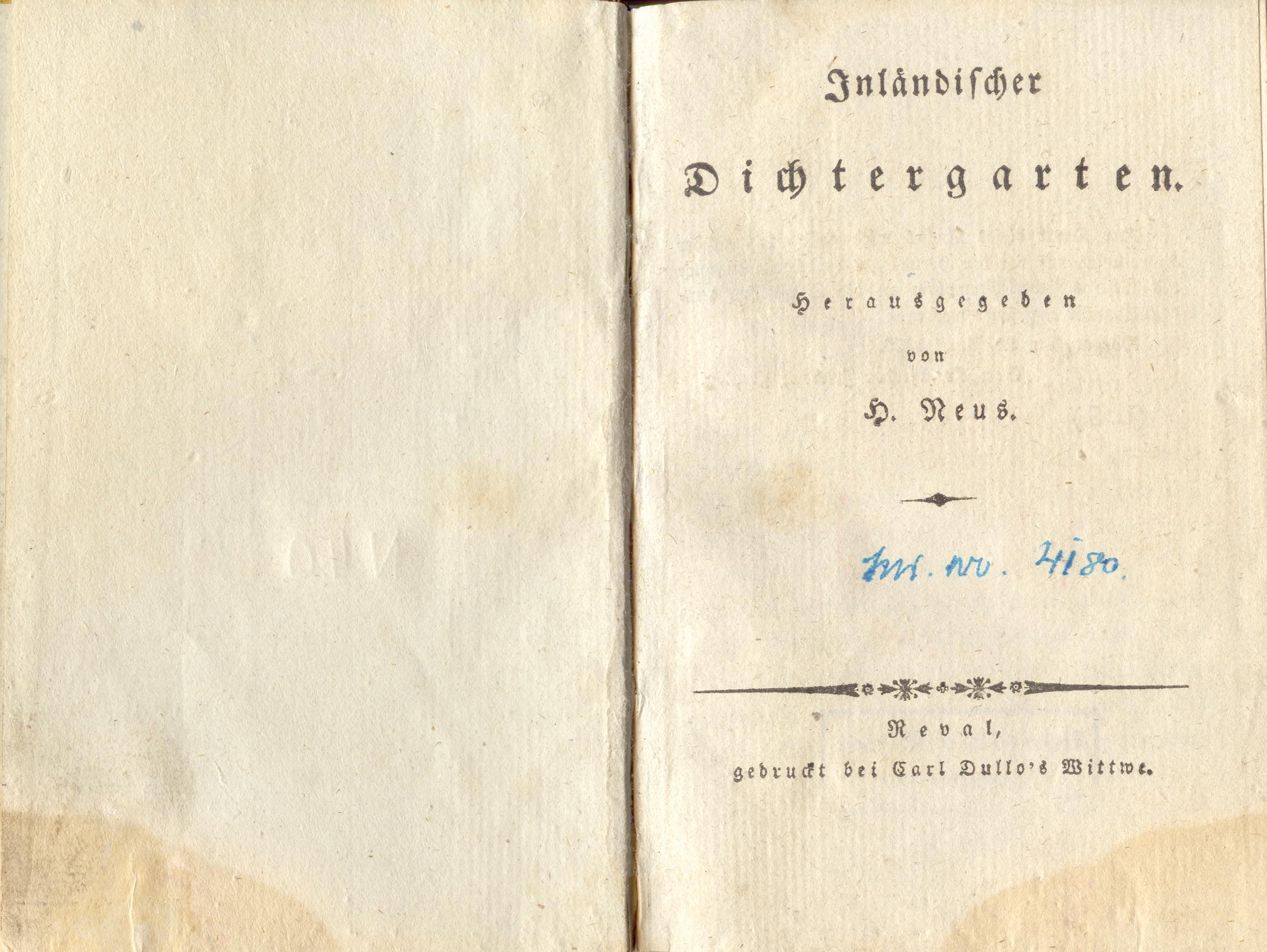 Inländischer Dichtergarten [1] (1828) | 2. Tiitelleht