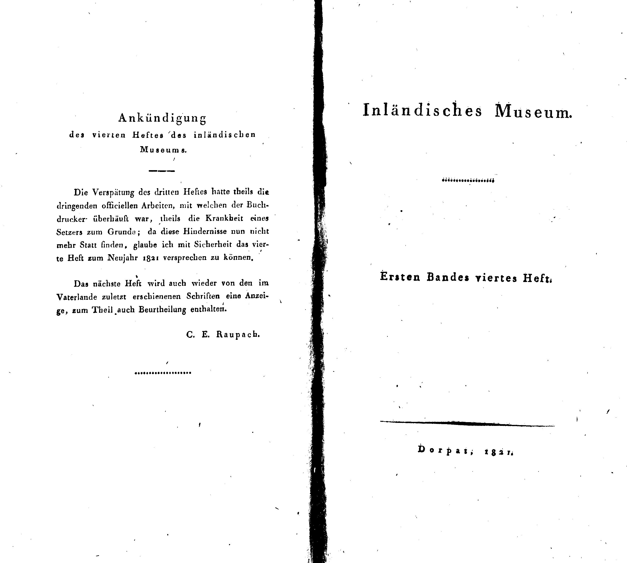 Inländisches Museum [1/4] (1821) | 1. Tiitelleht