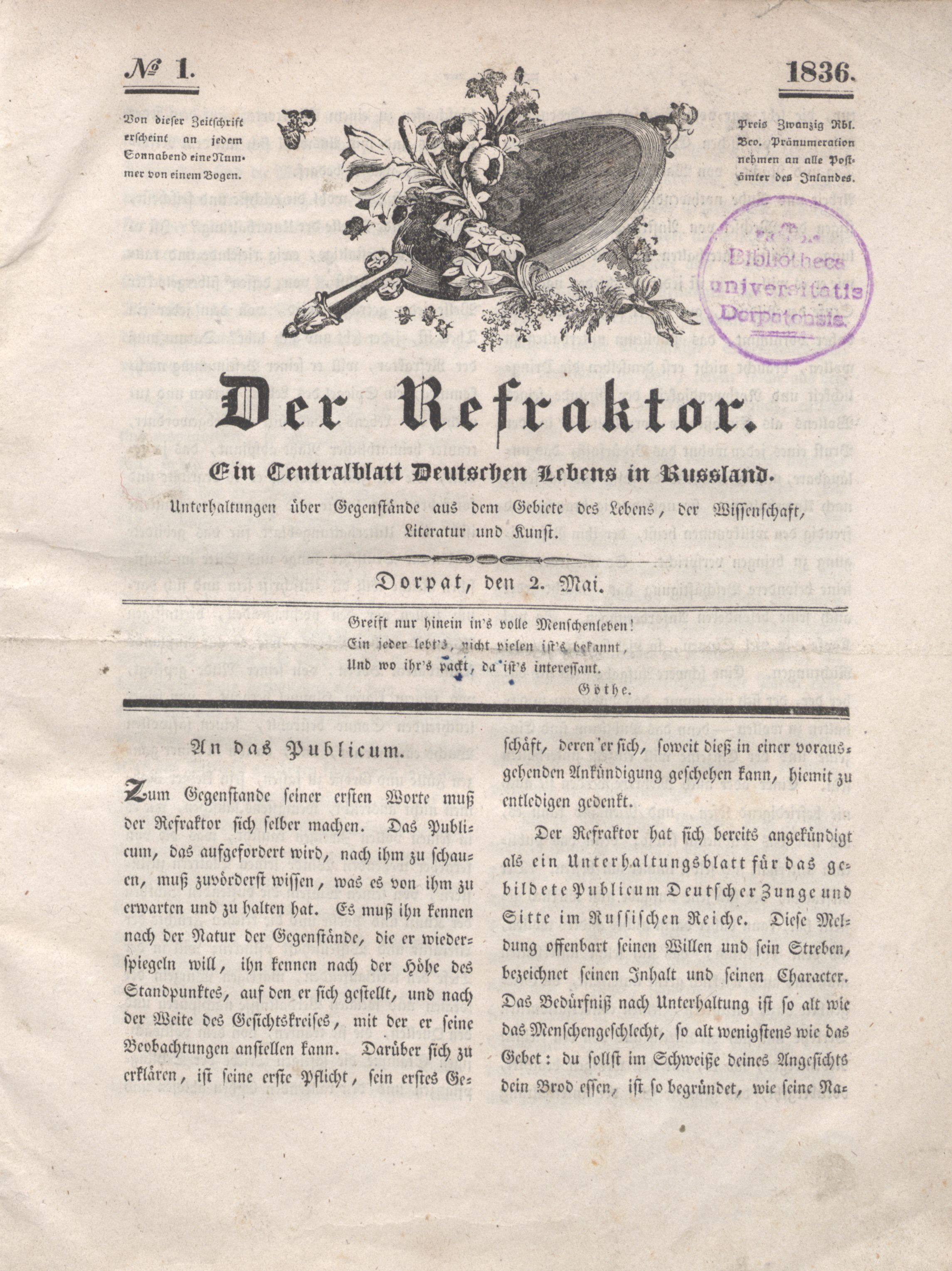 Der Refraktor [1836] (1836) | 2. (1) Tiitelleht