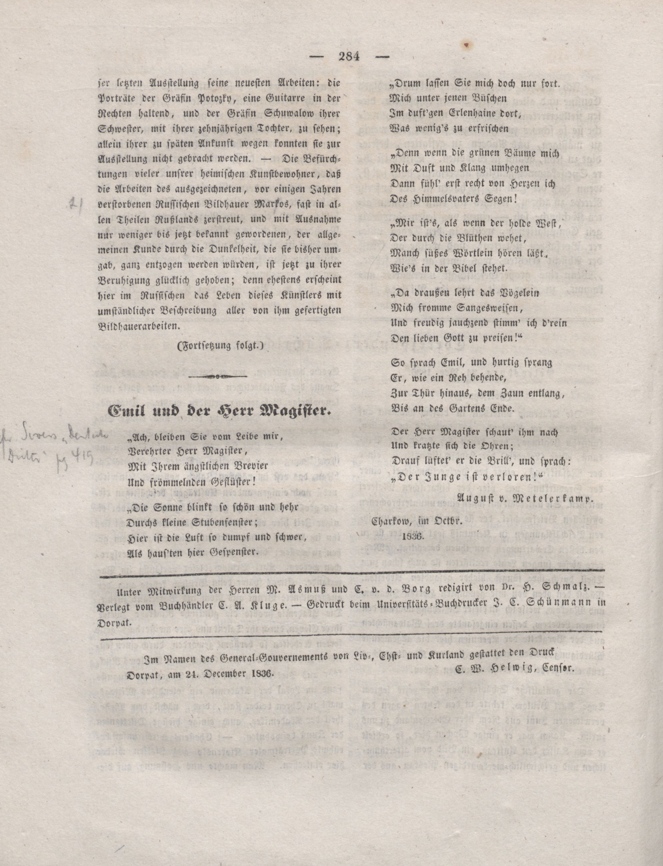 Emil und der Herr Magister (1836) | 1. (284) Основной текст