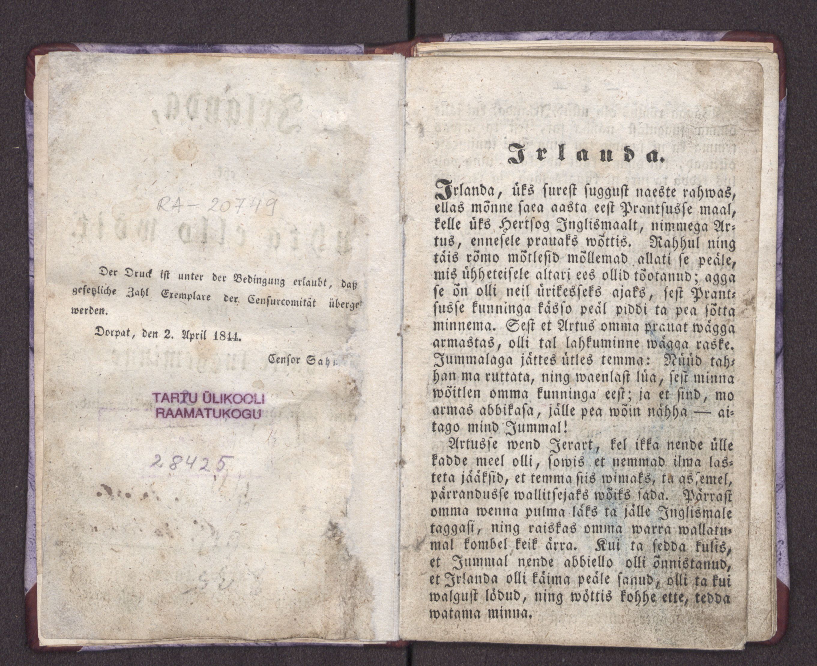 Irlanda, ehk puhta ello wõit (1844) | 2. (3) Разворот титульного листа, Основной текст
