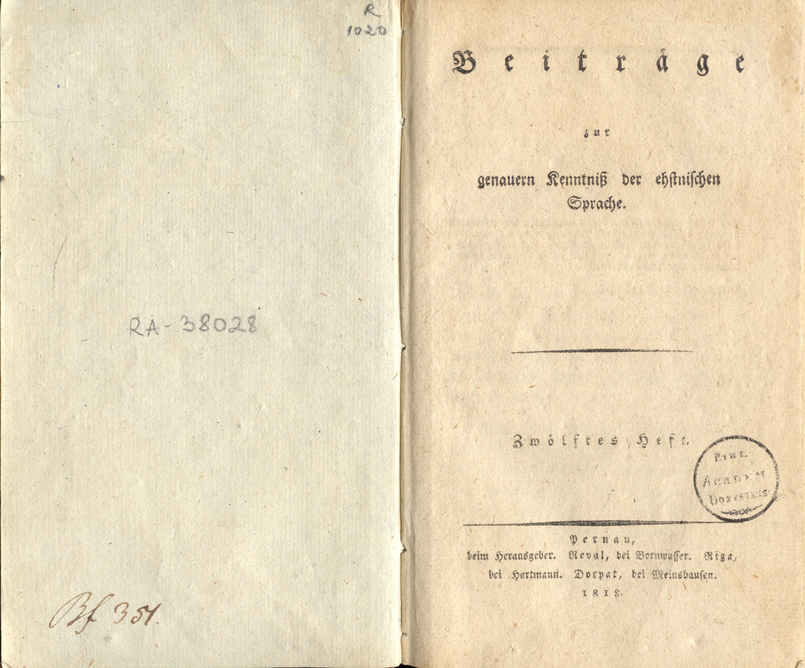 Beiträge [12] (1818) | 1. Titelblatt