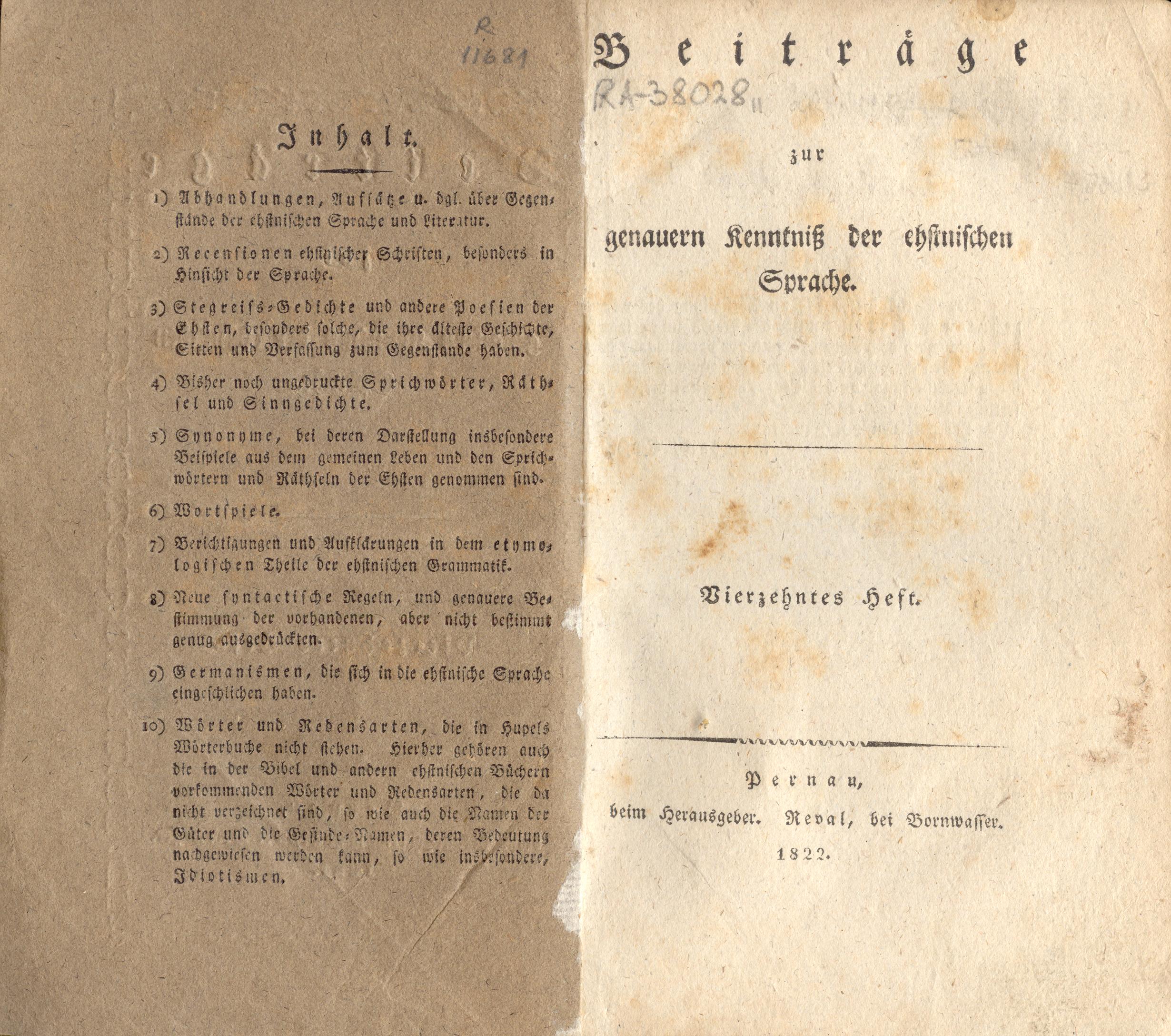 Beiträge [14] (1822) | 2. Titelblatt