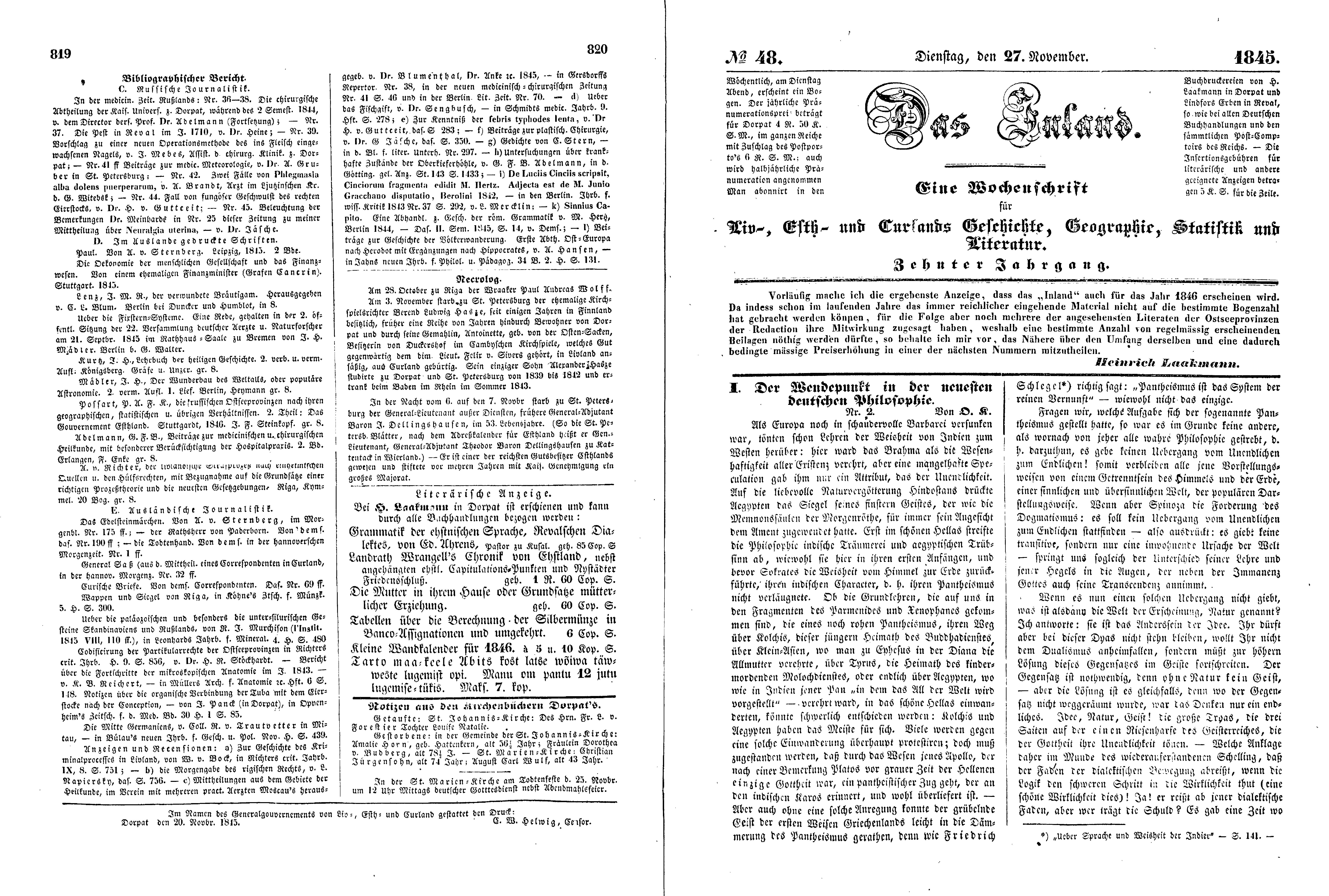 Das Inland [10] (1845) | 224. (819-822) Основной текст