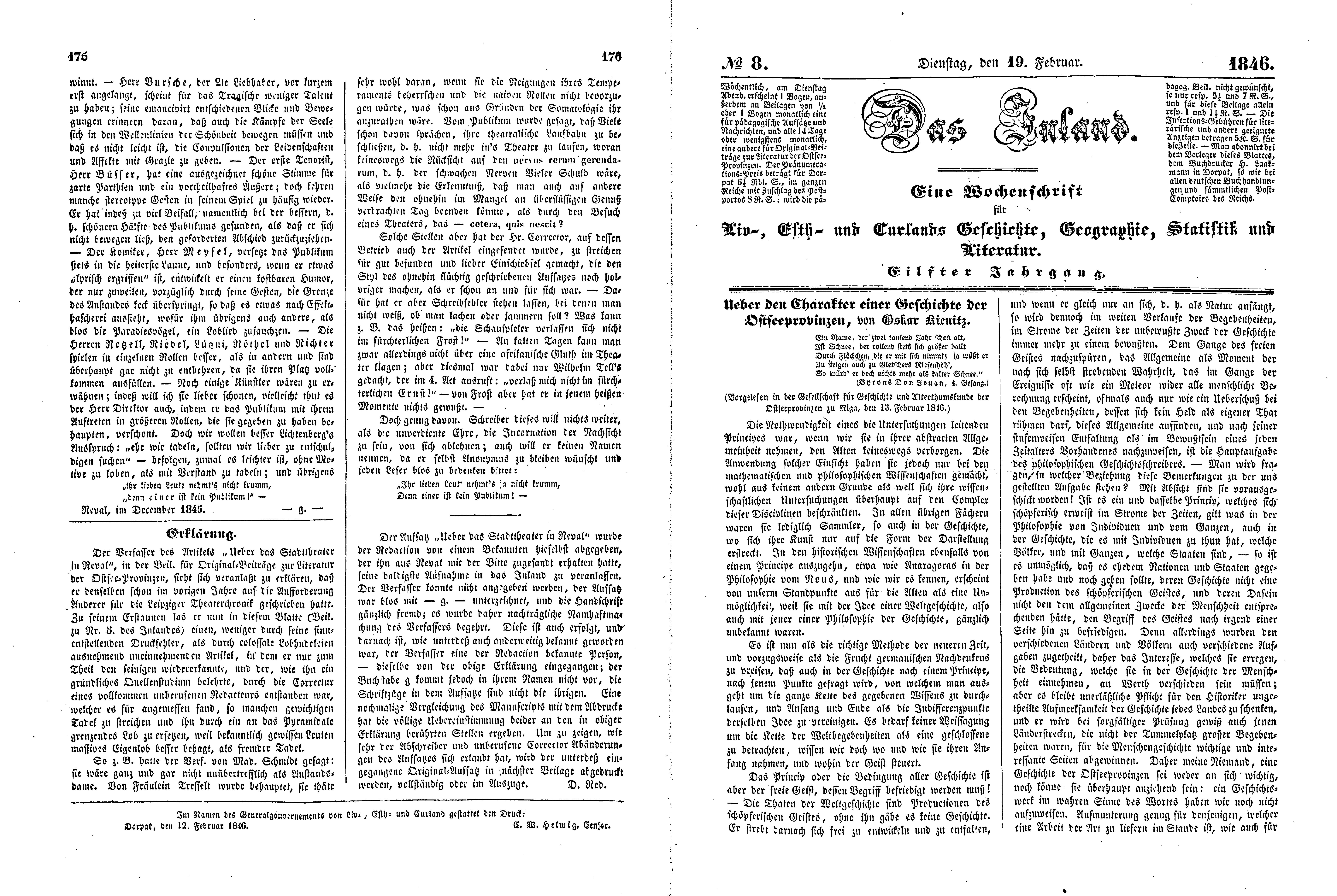 Ueber den Charakter einer Geschichte der Ostseeprovinzen [1] (1846) | 1. (175-178) Основной текст