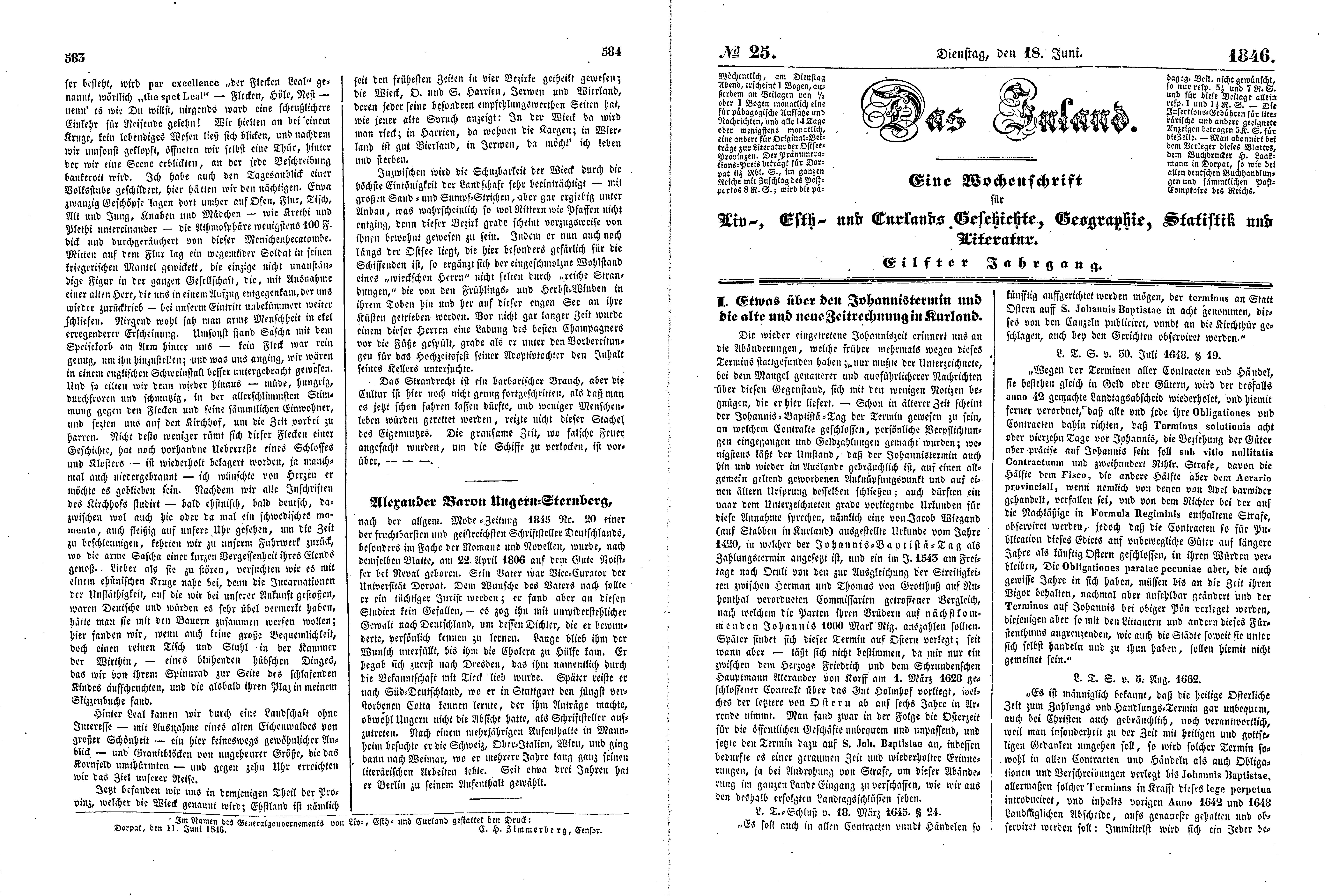 Etwas über den Johannistermin und die alte und neue Zeitrechnung in Kurland (1846) | 1. (583-586) Основной текст