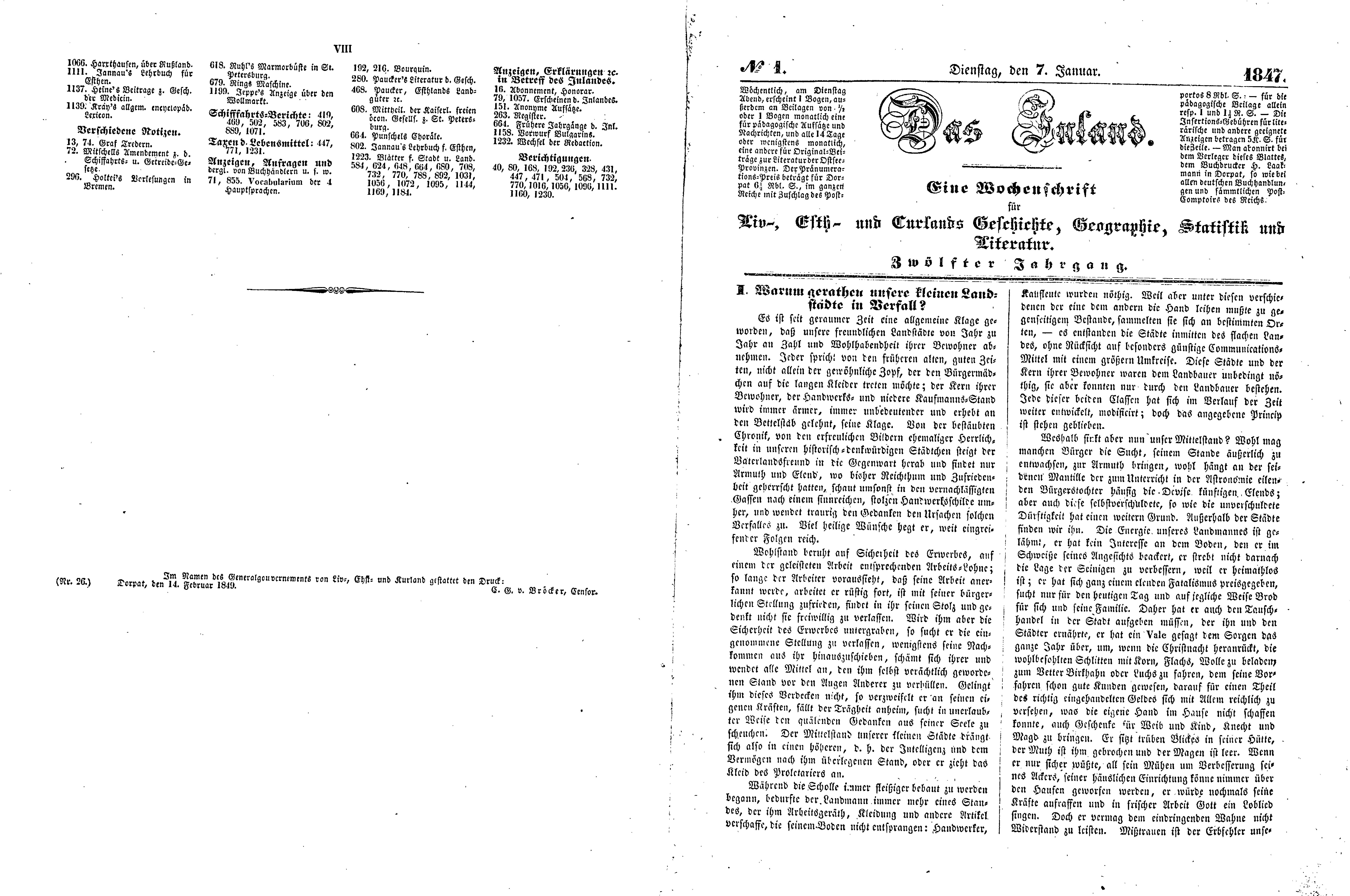 Das Inland [12] (1847) | 5. (VII-1) Register, Põhitekst