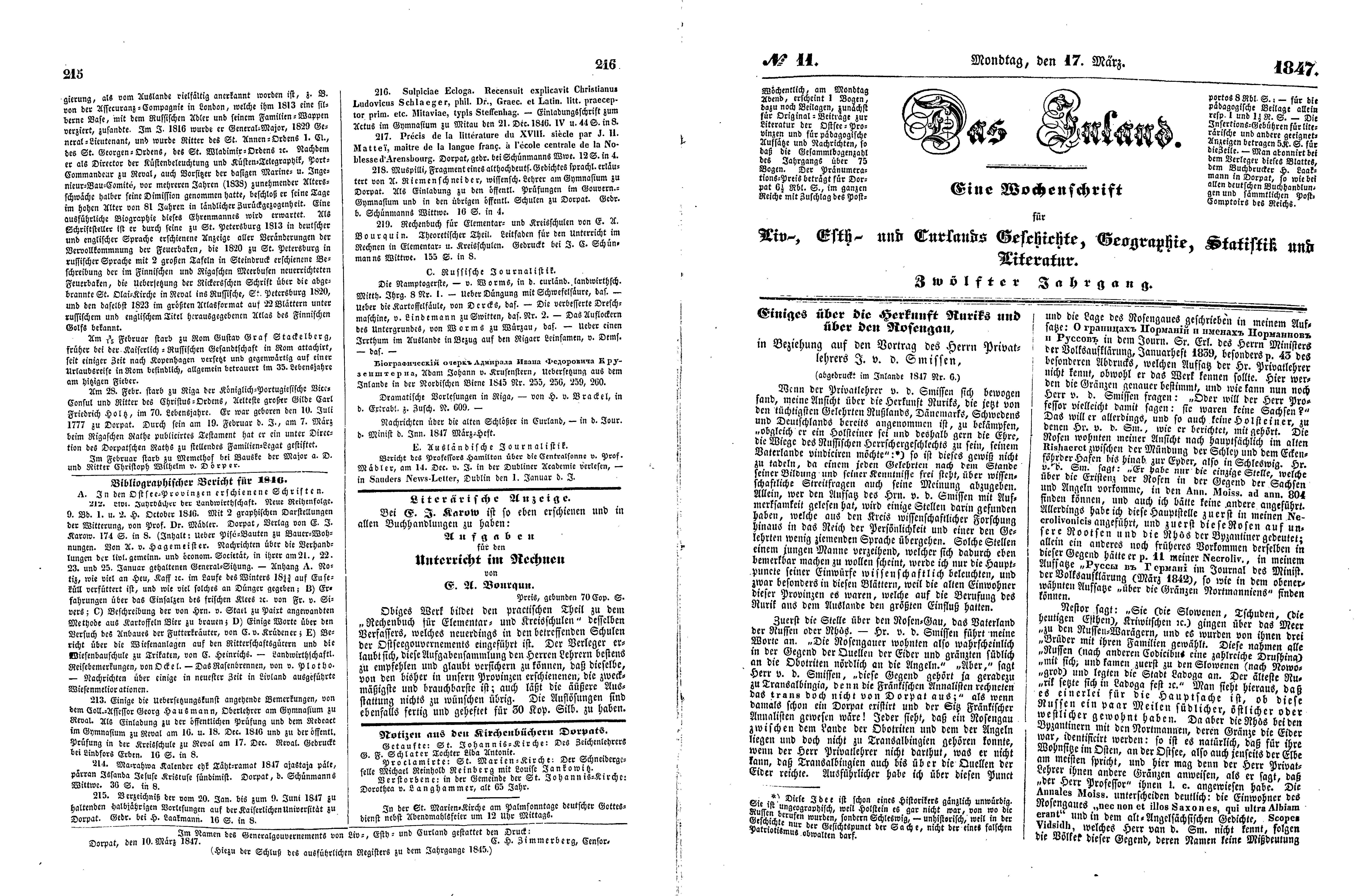 Einiges über die Herkunft Ruriks und über den Rosengau, in Beziehung auf den Vortrag des Herrn Privatlehrers J. v. d. Smissen (1847) | 1. (215-218) Основной текст