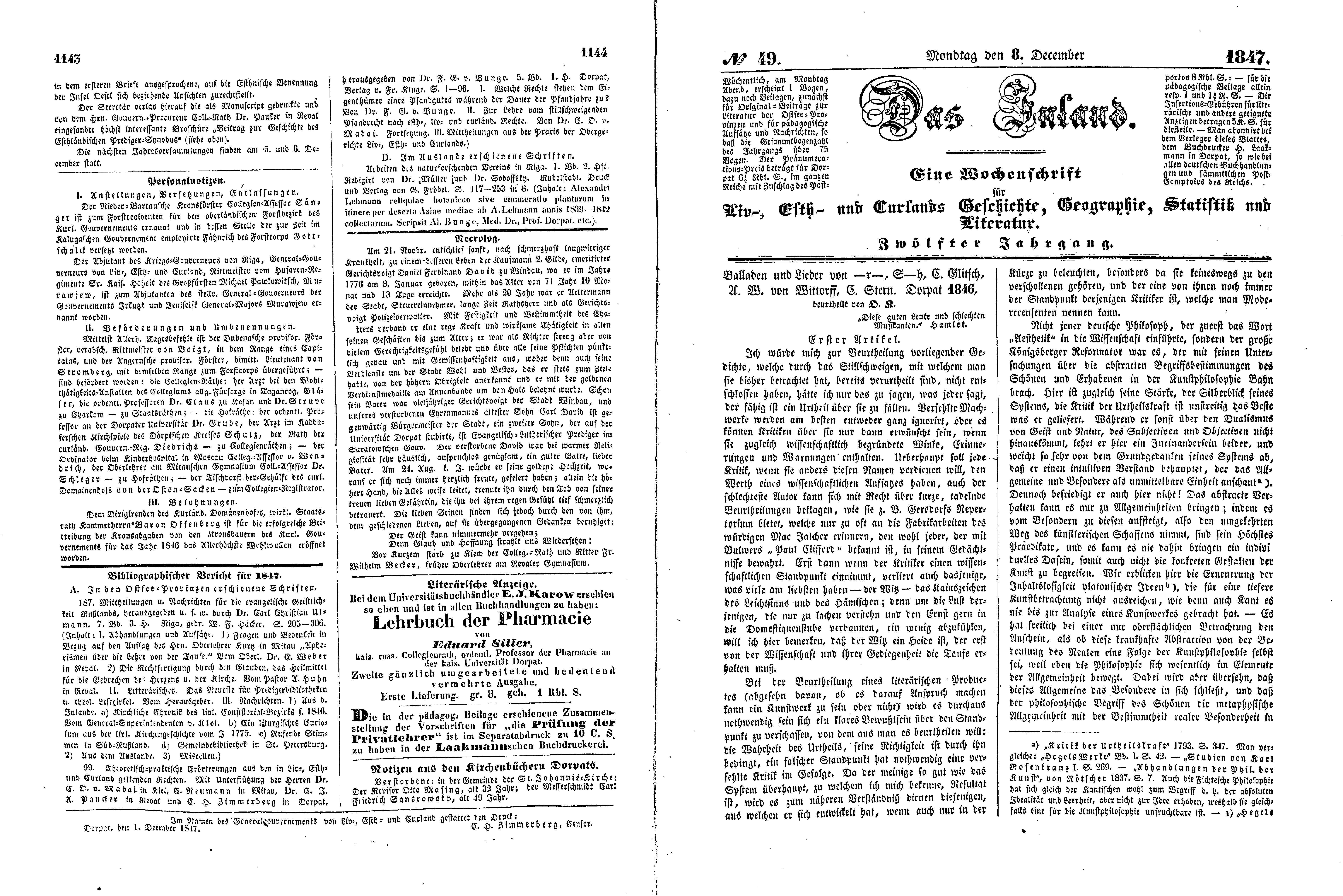 Balladen und Lieder von -r-, S-h, C. Glitsch, A. W. von Wittorff, C. Stern (1847) | 1. (1143-1146) Põhitekst