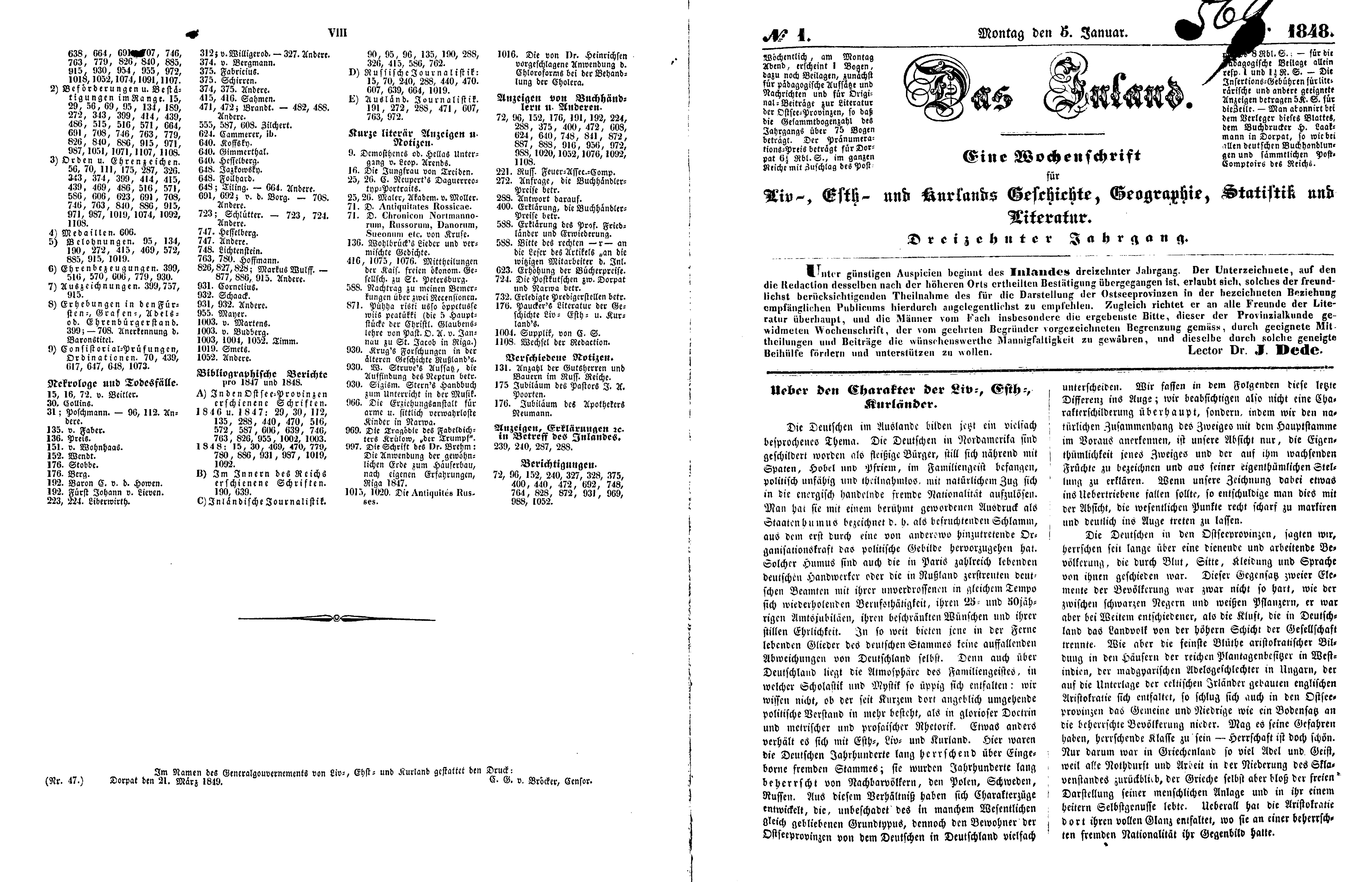 Ueber den Charakter der Liv-, Esth- und Kurländer (1848) | 1. (VIII-2) Index, Main body of text