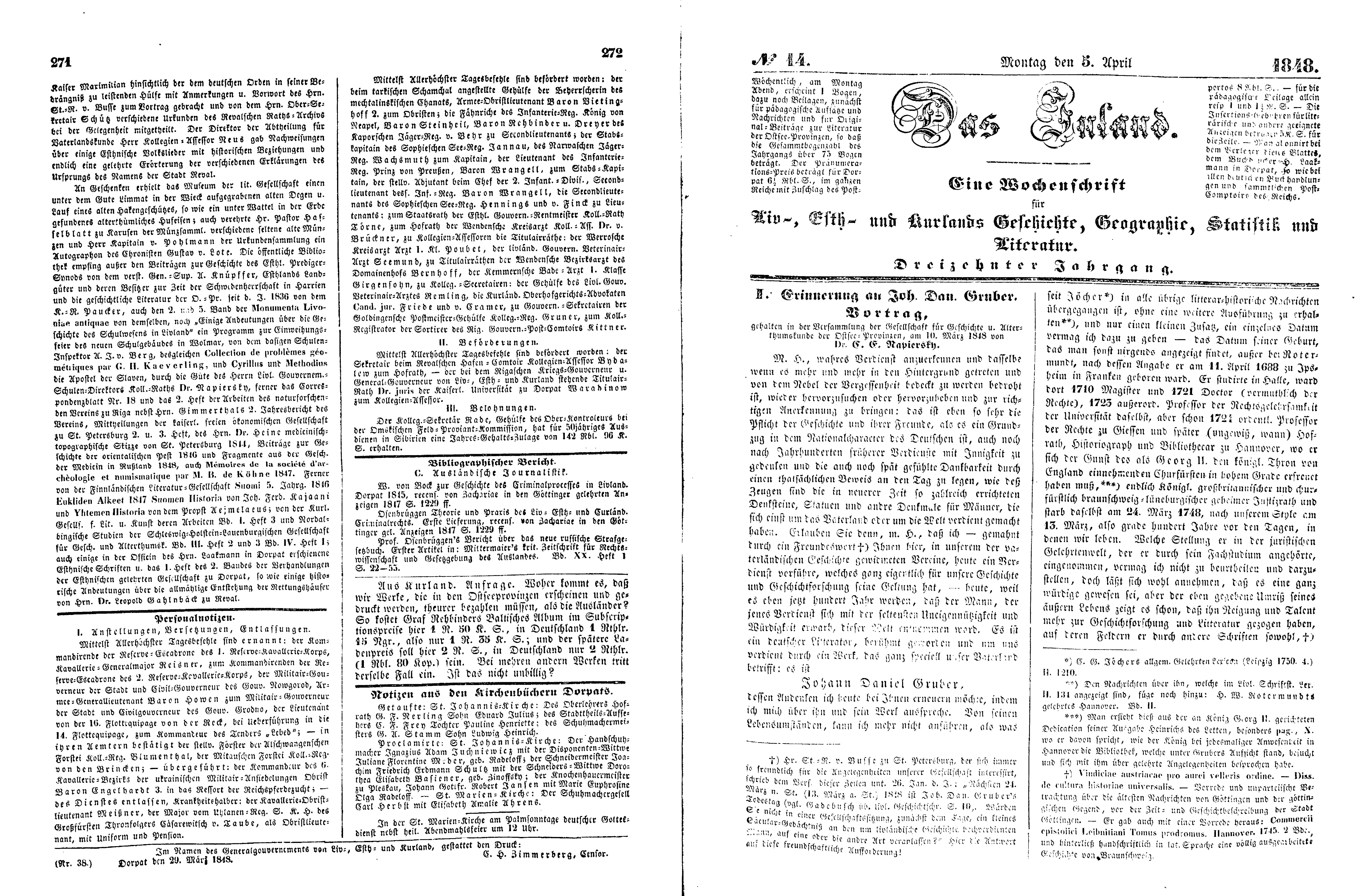 Das Inland [13] (1848) | 73. (271-274) Põhitekst