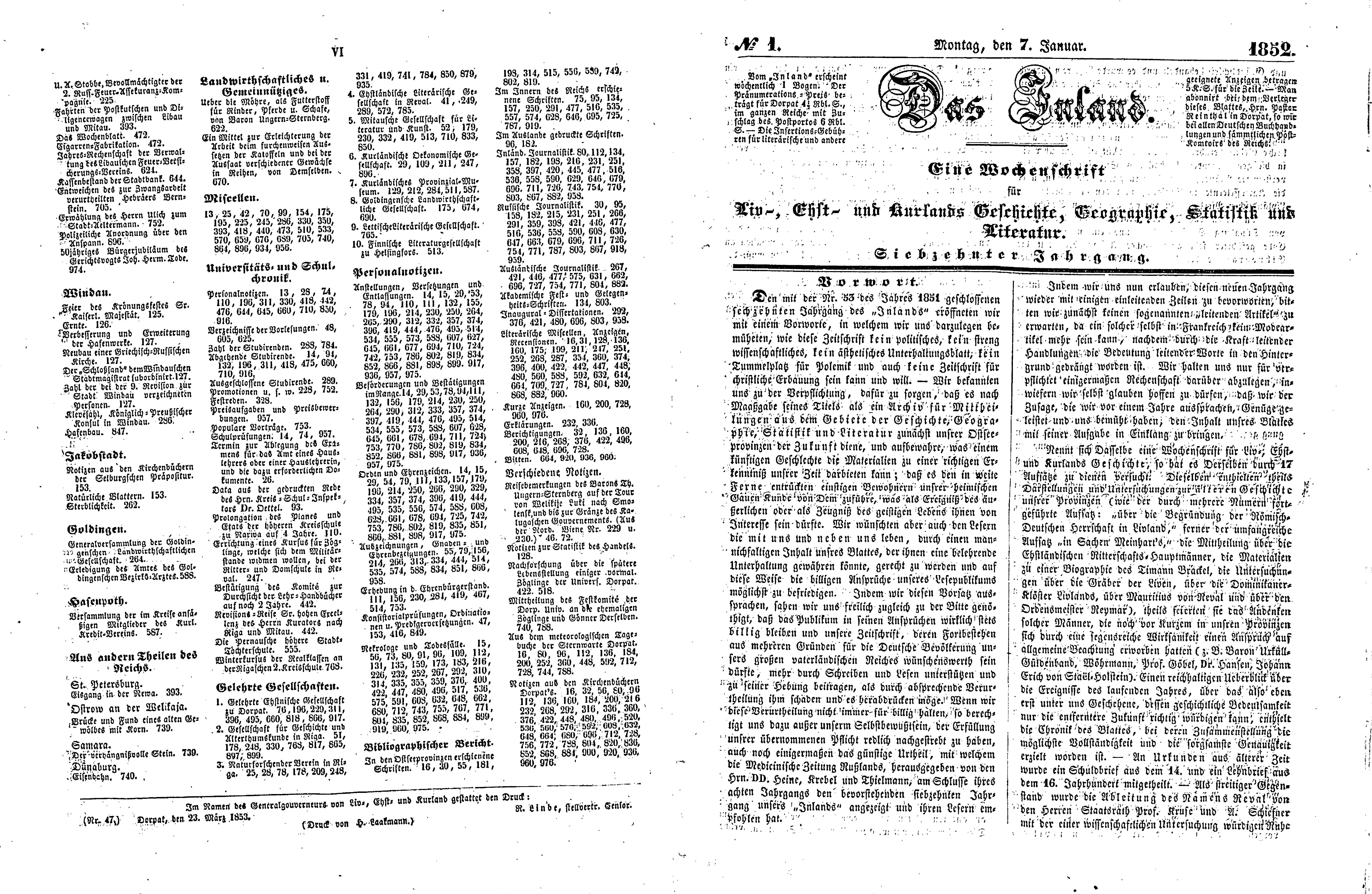 Das Inland [17] (1852) | 4. (VI-2) Register, Põhitekst
