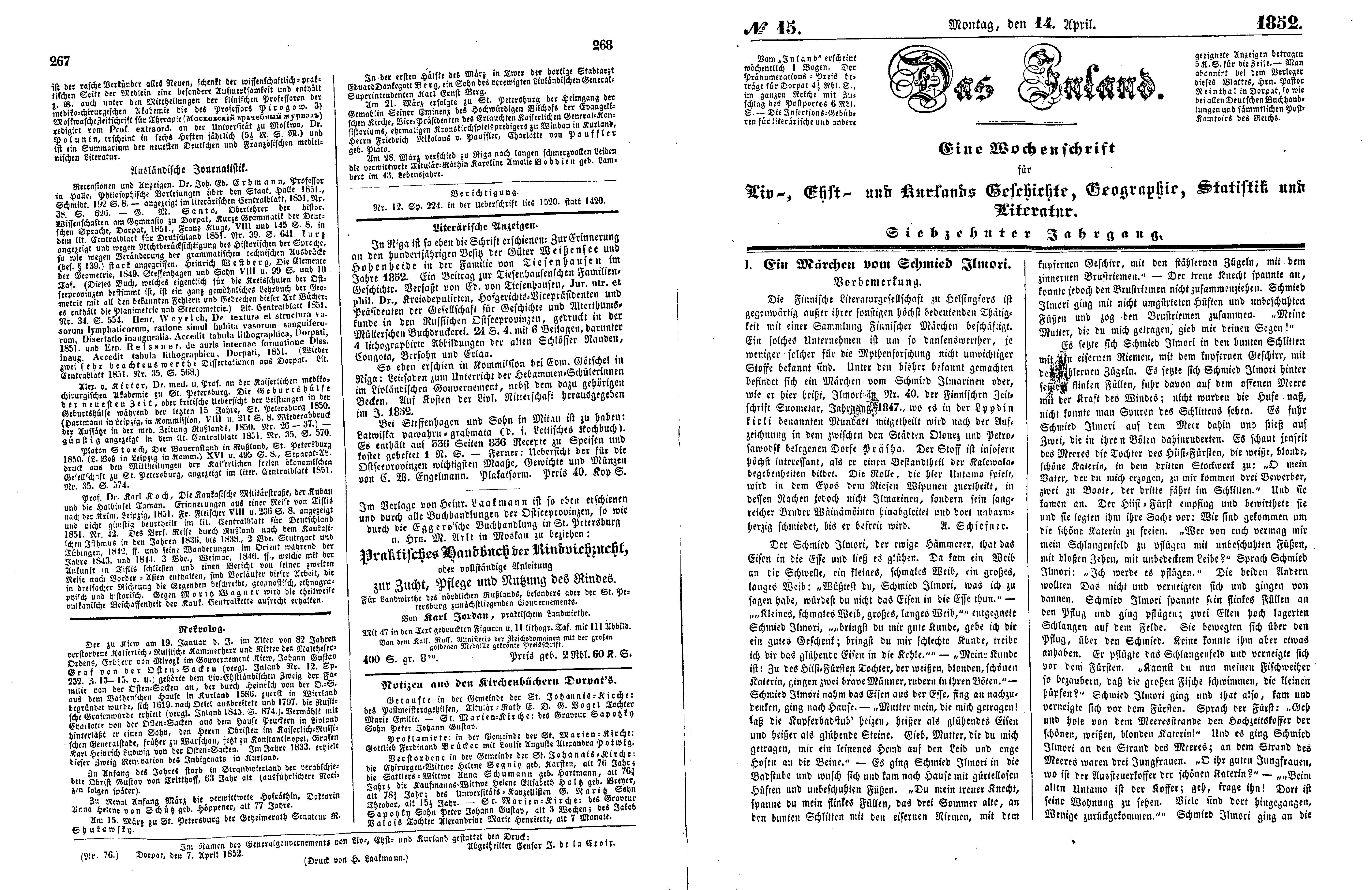 Das Inland [17] (1852) | 71. (267-270) Põhitekst