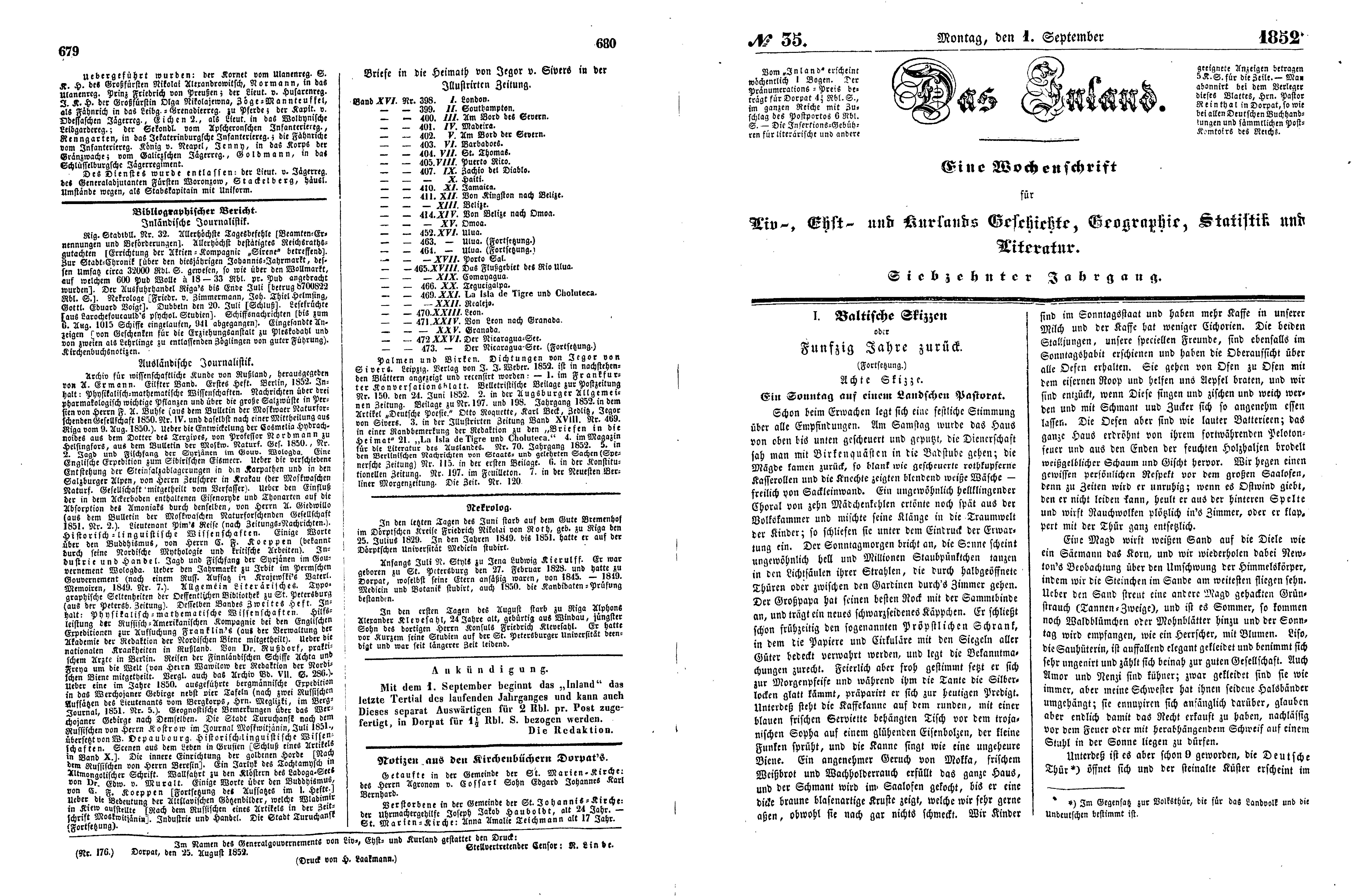 Baltische Skizzen oder Funfzig Jahre zurück [11] (Ein Sonntag auf einem Landschen Pastorat) (1852) | 1. (679-682) Põhitekst