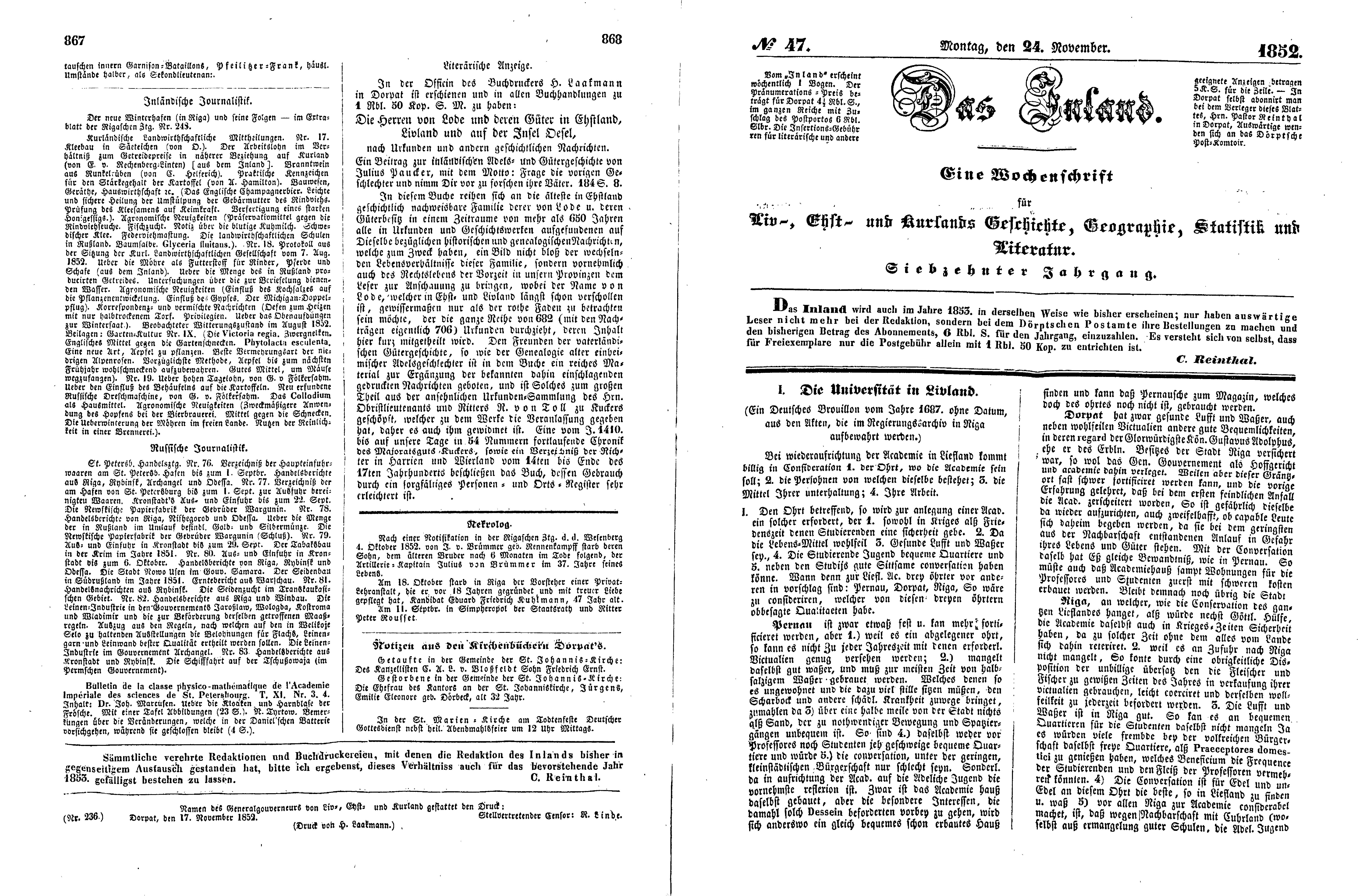 Das Inland [17] (1852) | 222. (867-870) Haupttext