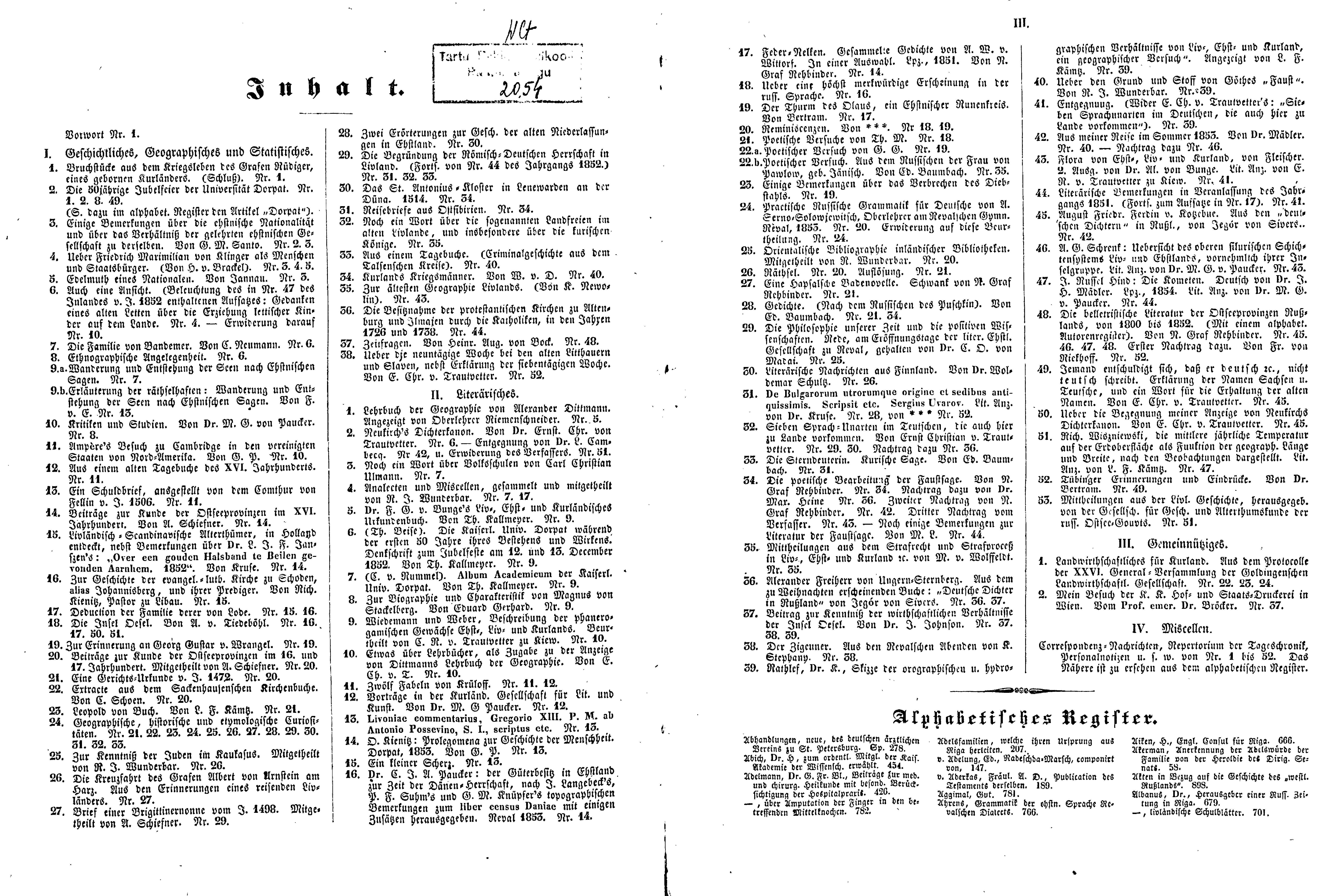 Das Inland [18] (1853) | 2. (II-III) Register