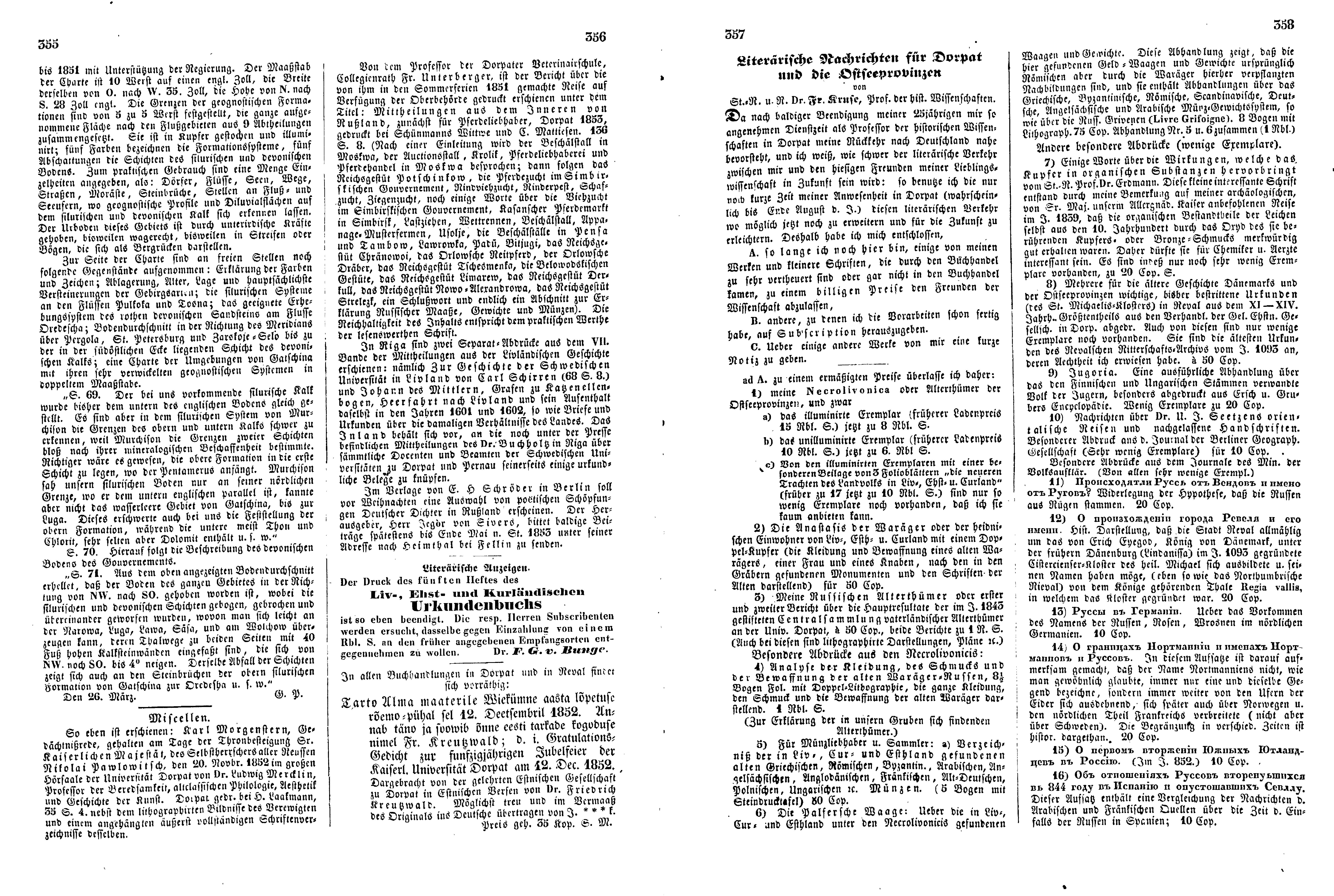 Literärische Nachrichten für Dorpat und die Ostseeprovinzen (1853) | 1. (355-358) Основной текст