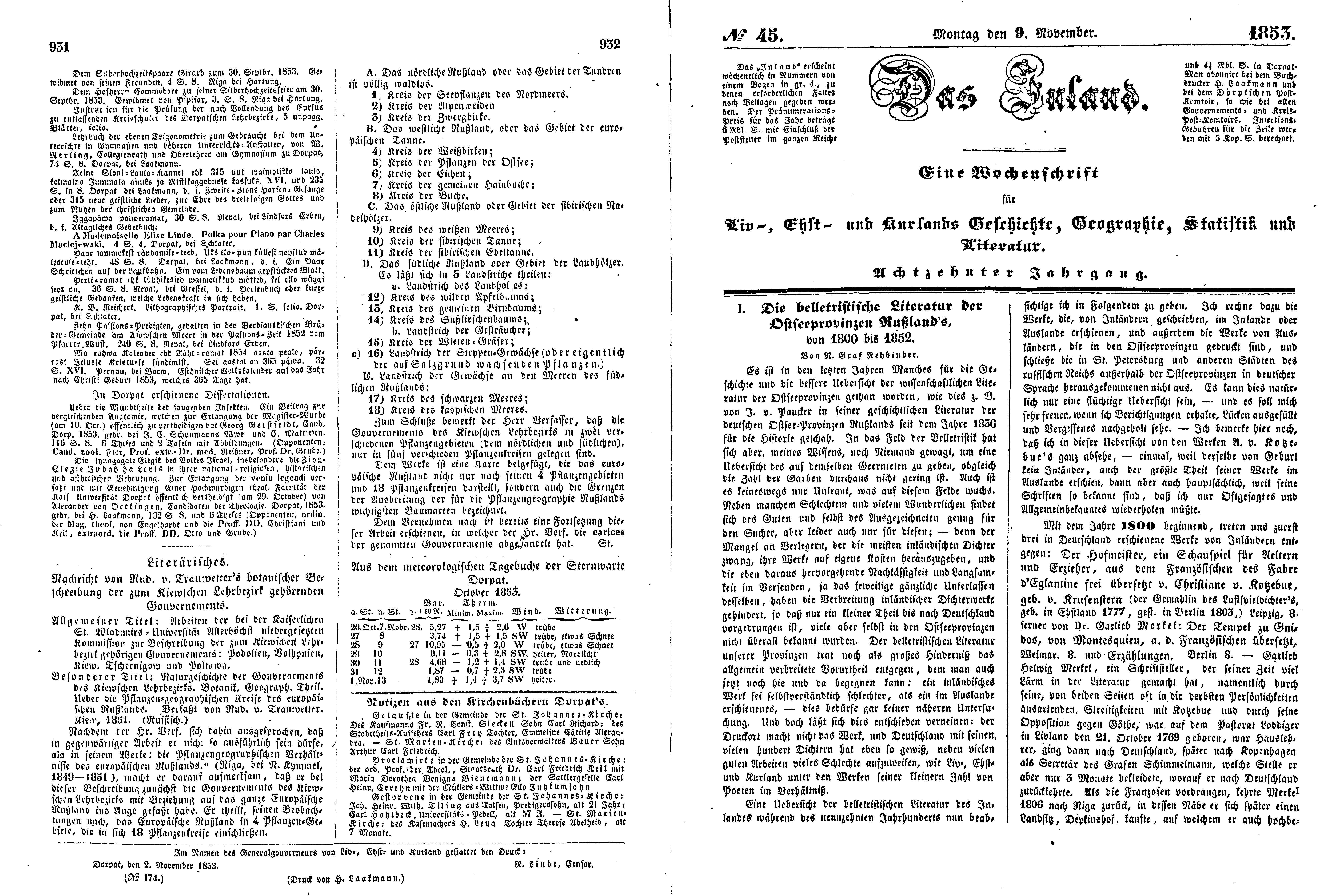 Die belletristische Literatur der Ostseeprovinzen Russland's [1] (1853) | 1. (931-934) Põhitekst