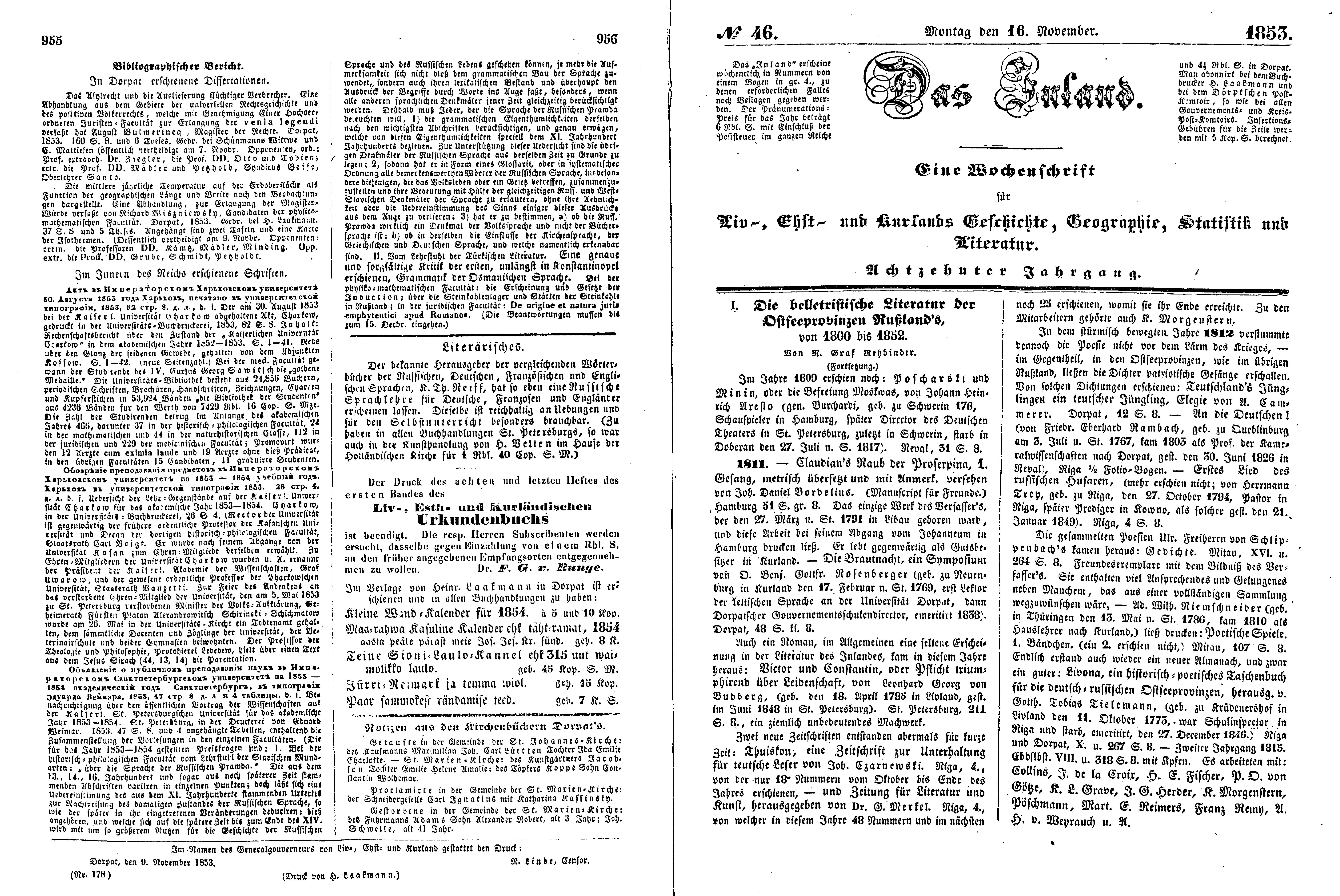 Die belletristische Literatur der Ostseeprovinzen Russland's [2] (1853) | 1. (955-958) Main body of text