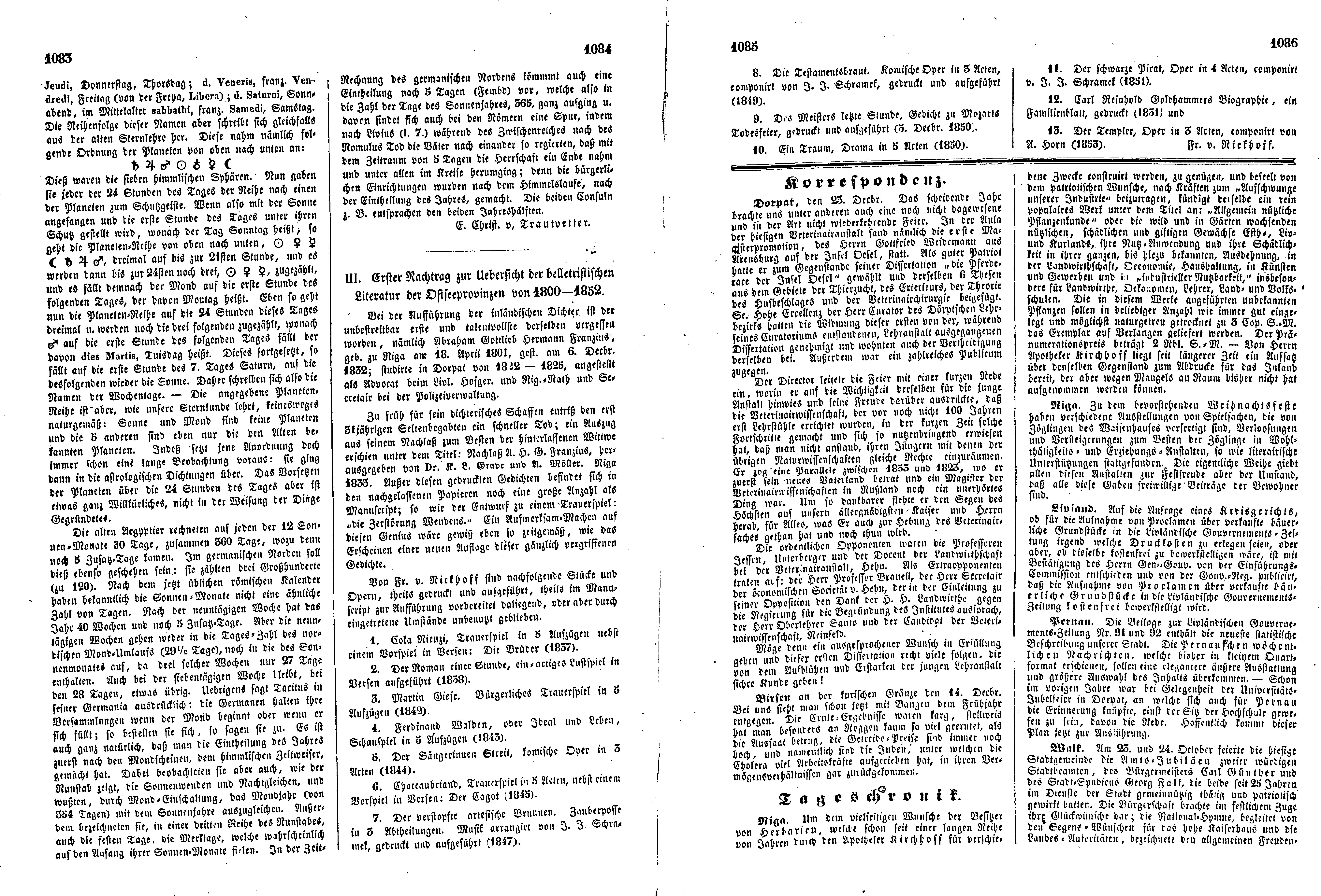 Erster Nachtrag zur Uebersicht der belletristischen Literatur der Ostseeprovinzen von 1800-1852 (1853) | 1. (1083-1086) Main body of text
