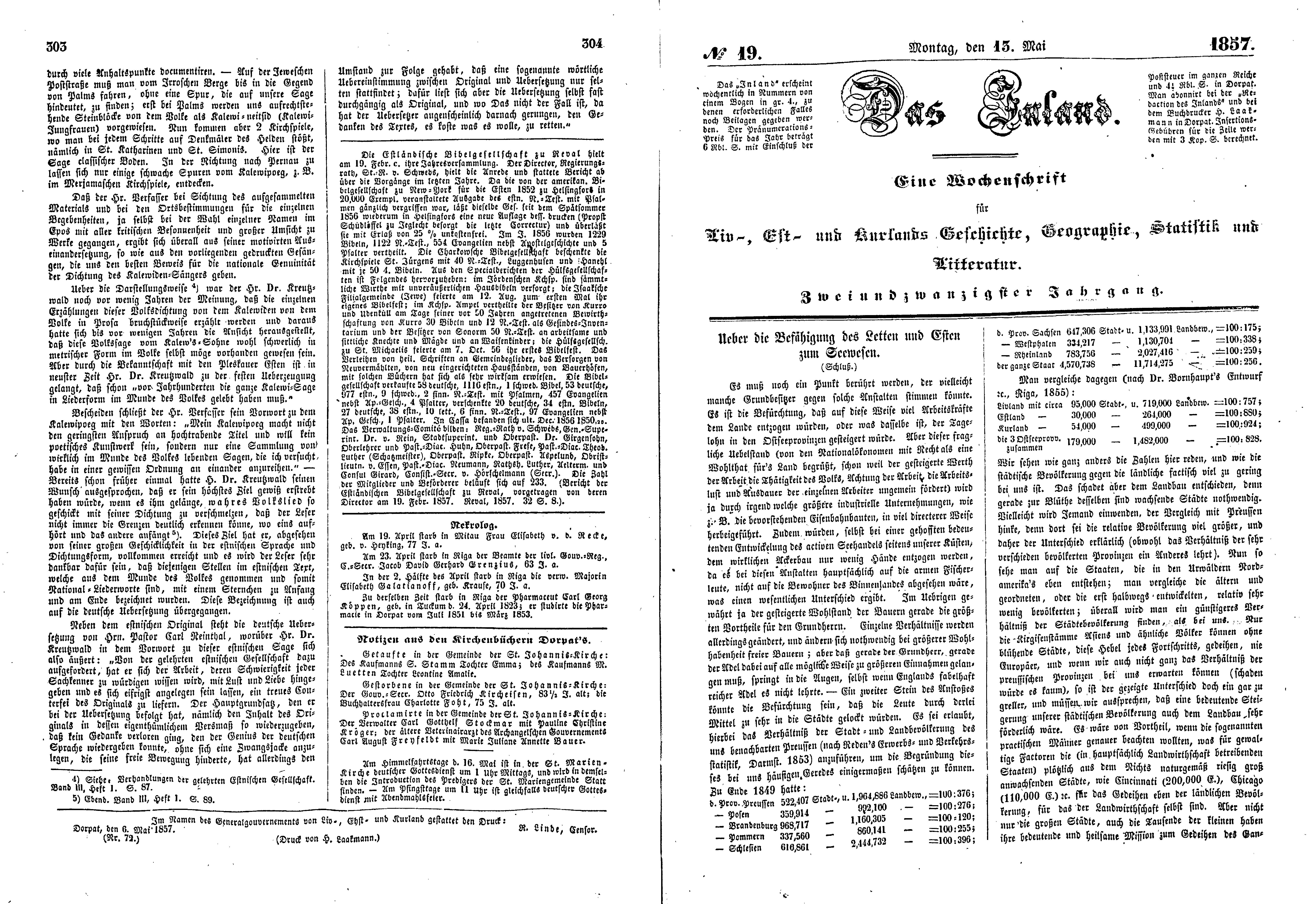 Ueber die Befähigung des Letten und Esten zum Seewesen [2] (1857) | 1. (303-306) Haupttext