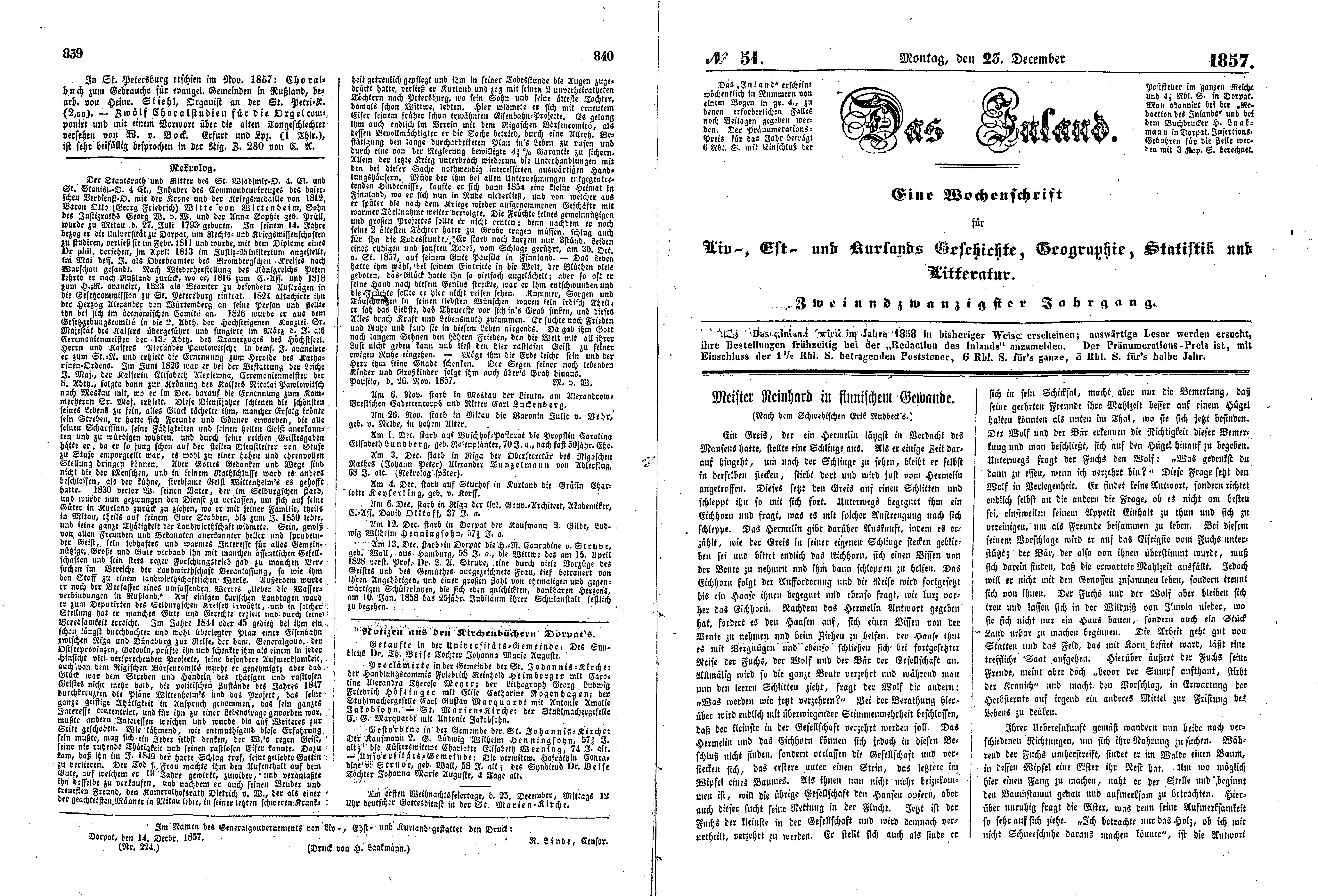 Meister Reinhard in finnischem Gewande (1857) | 1. (839-842) Haupttext