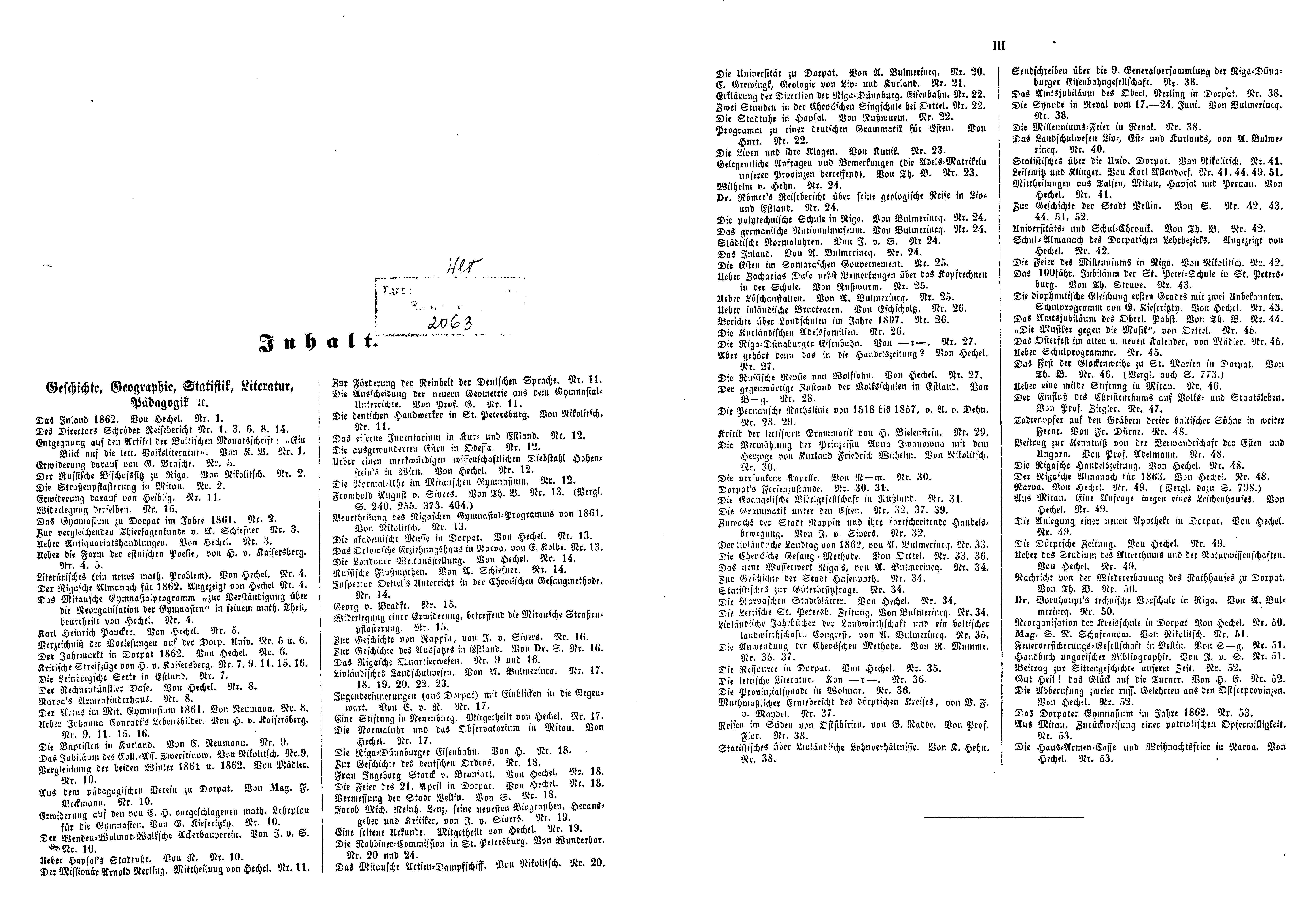 Das Inland [27] (1862) | 2. (II-III) Указатель