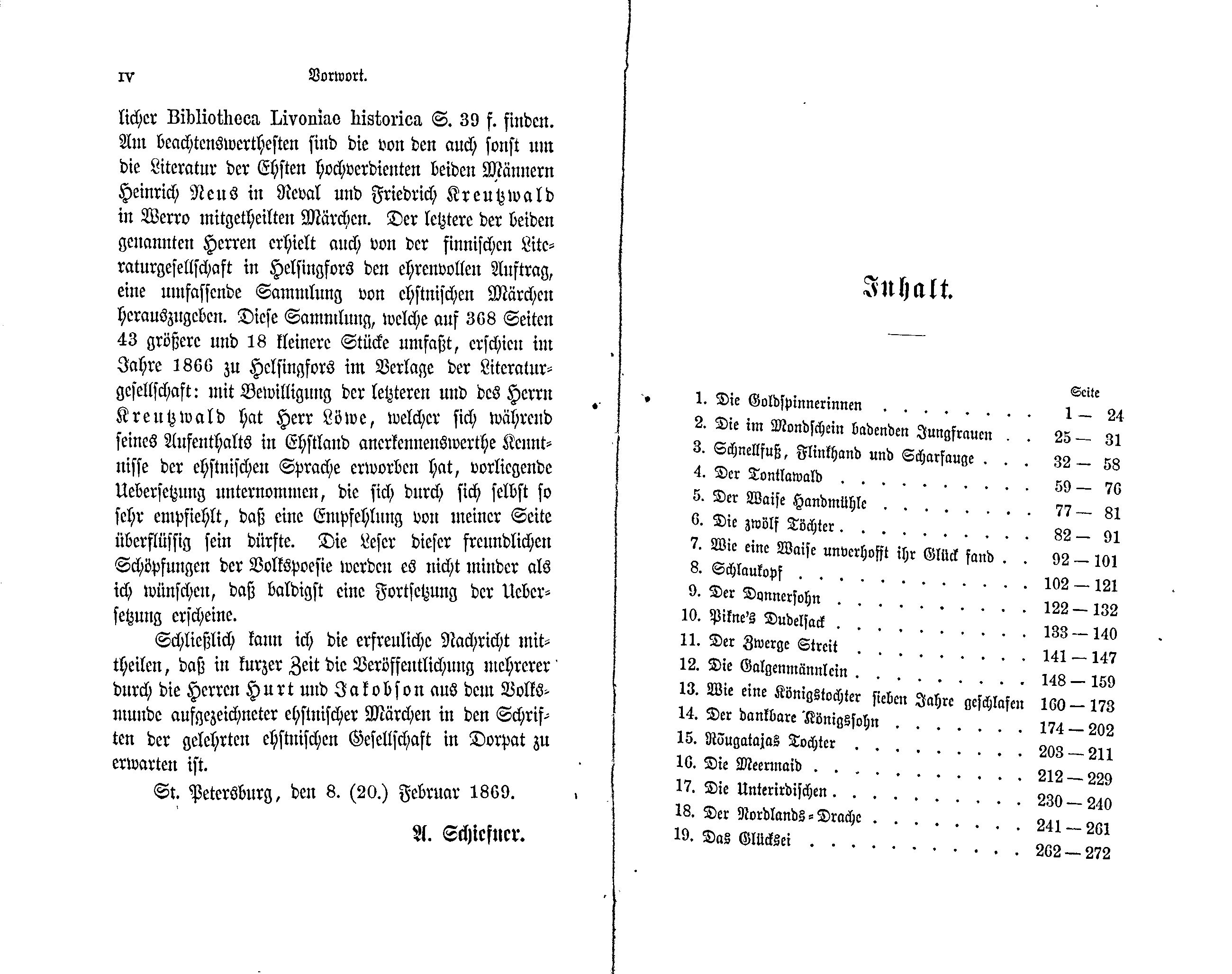 Estnische Märchen [1] (1869) | 4. (VI-VII) Предисловие, Содержание