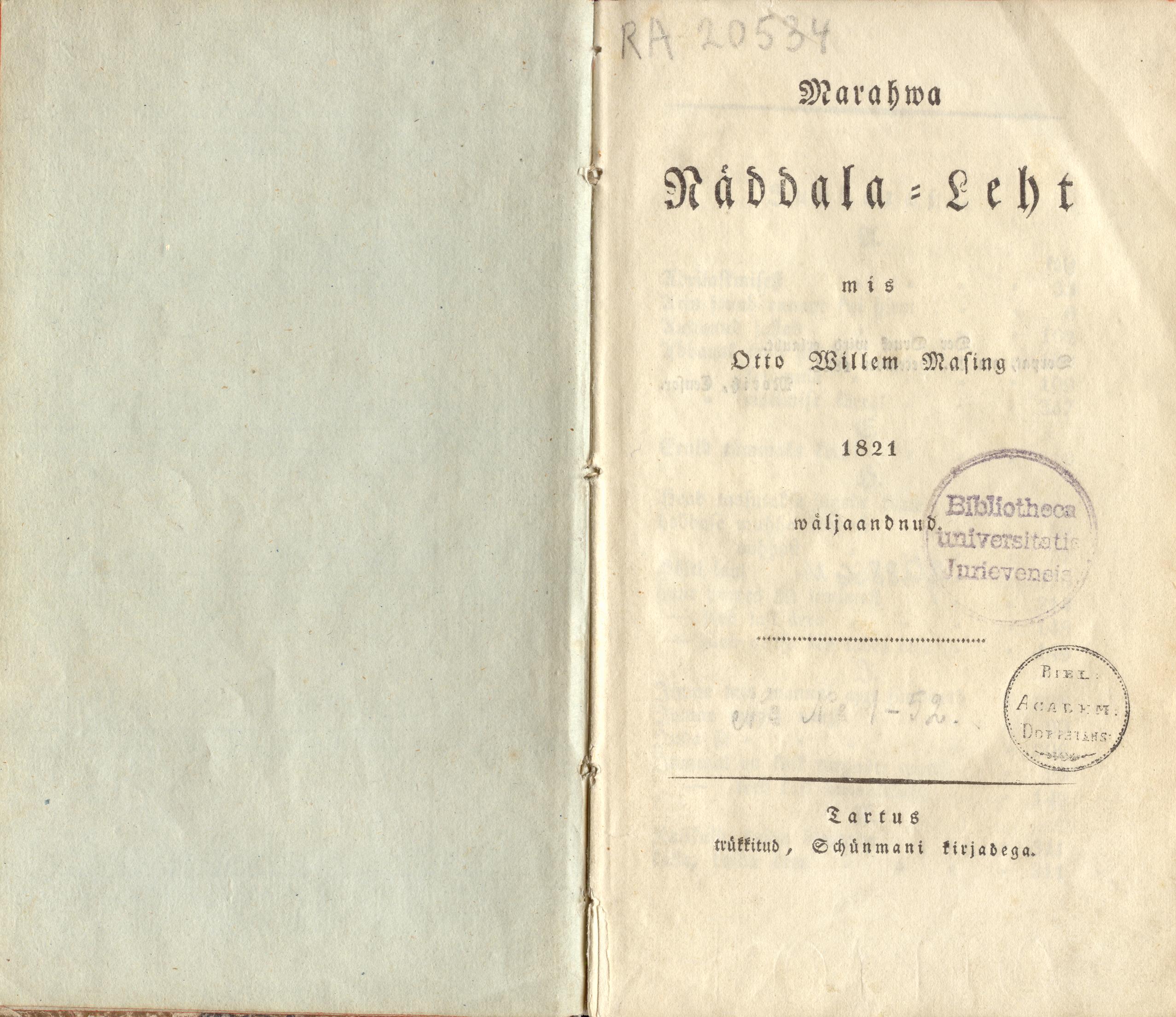 Marahwa Näddala-Leht [1] (1821) | 1. Title page