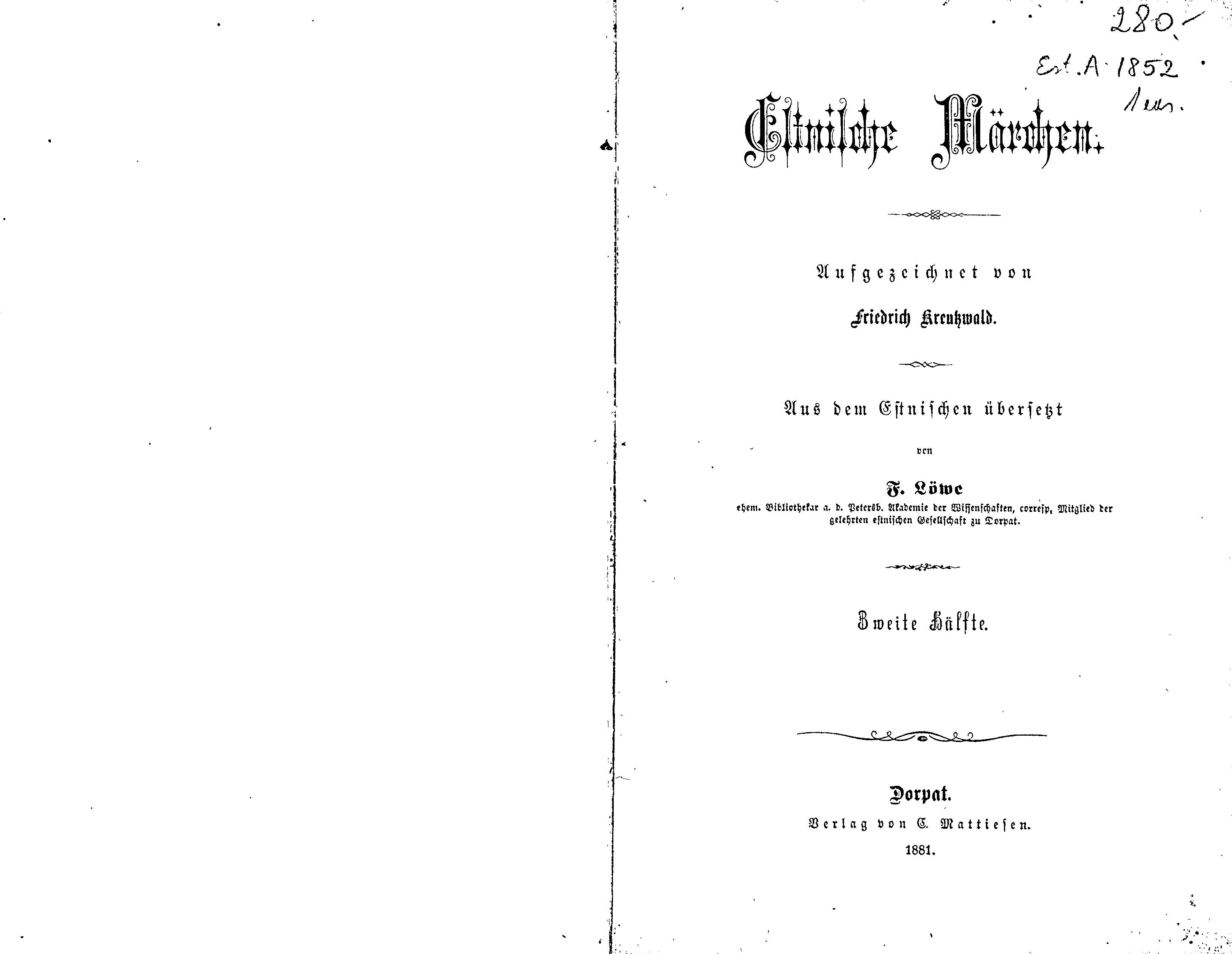 Estnische Märchen [2] (1881) | 1. Титульный лист