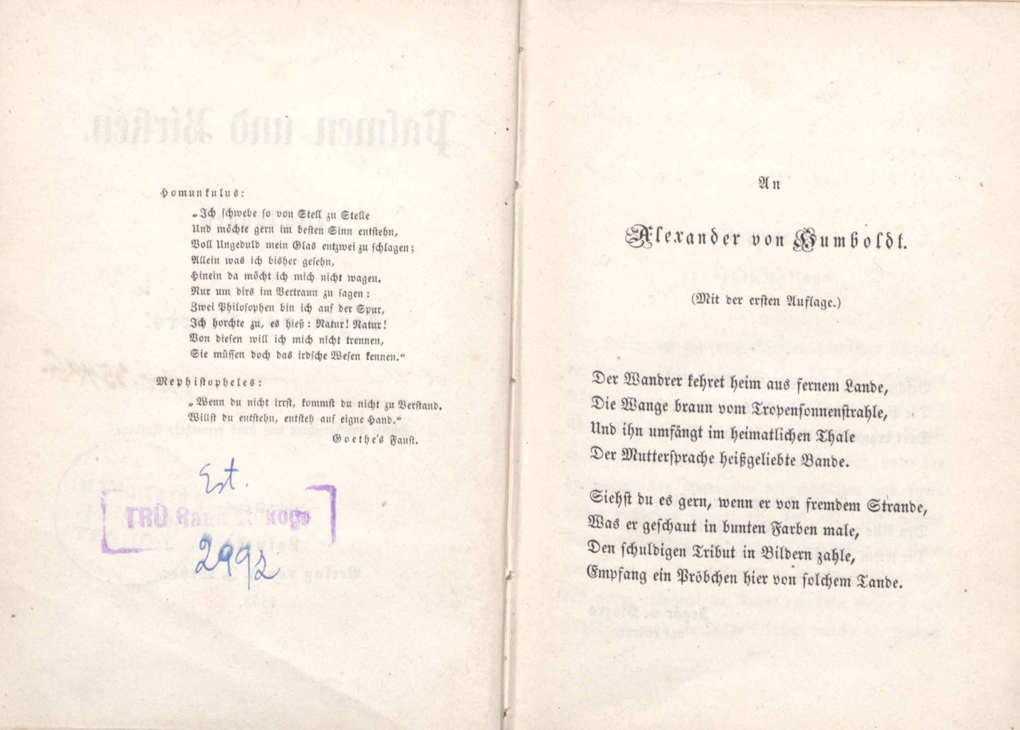 Palmen und Birken (1852) | 4. (V) Tiitellehe pööre, Pühendus
