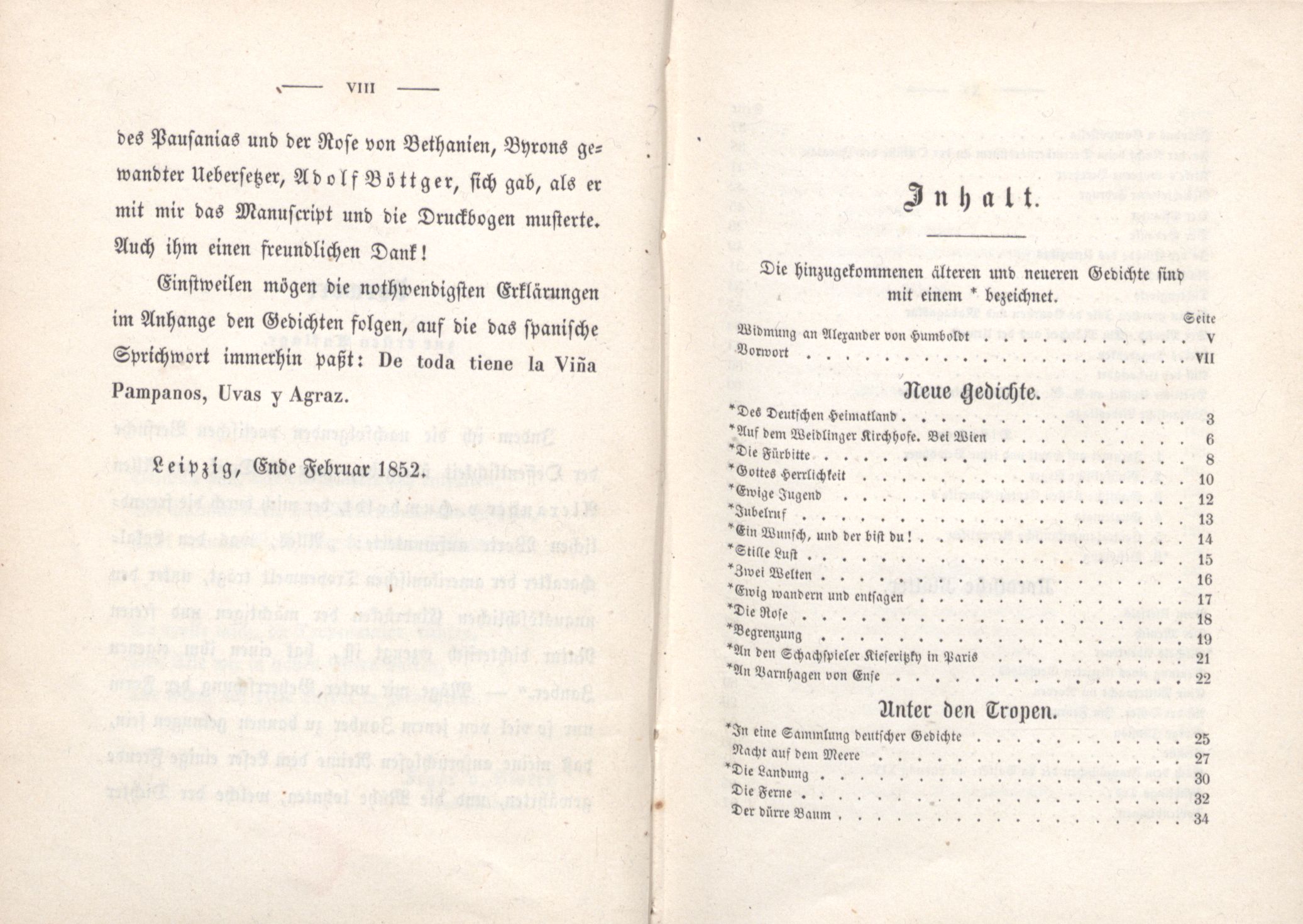 Palmen und Birken (1852) | 6. (VIII-IX) Eessõna, Sisukord