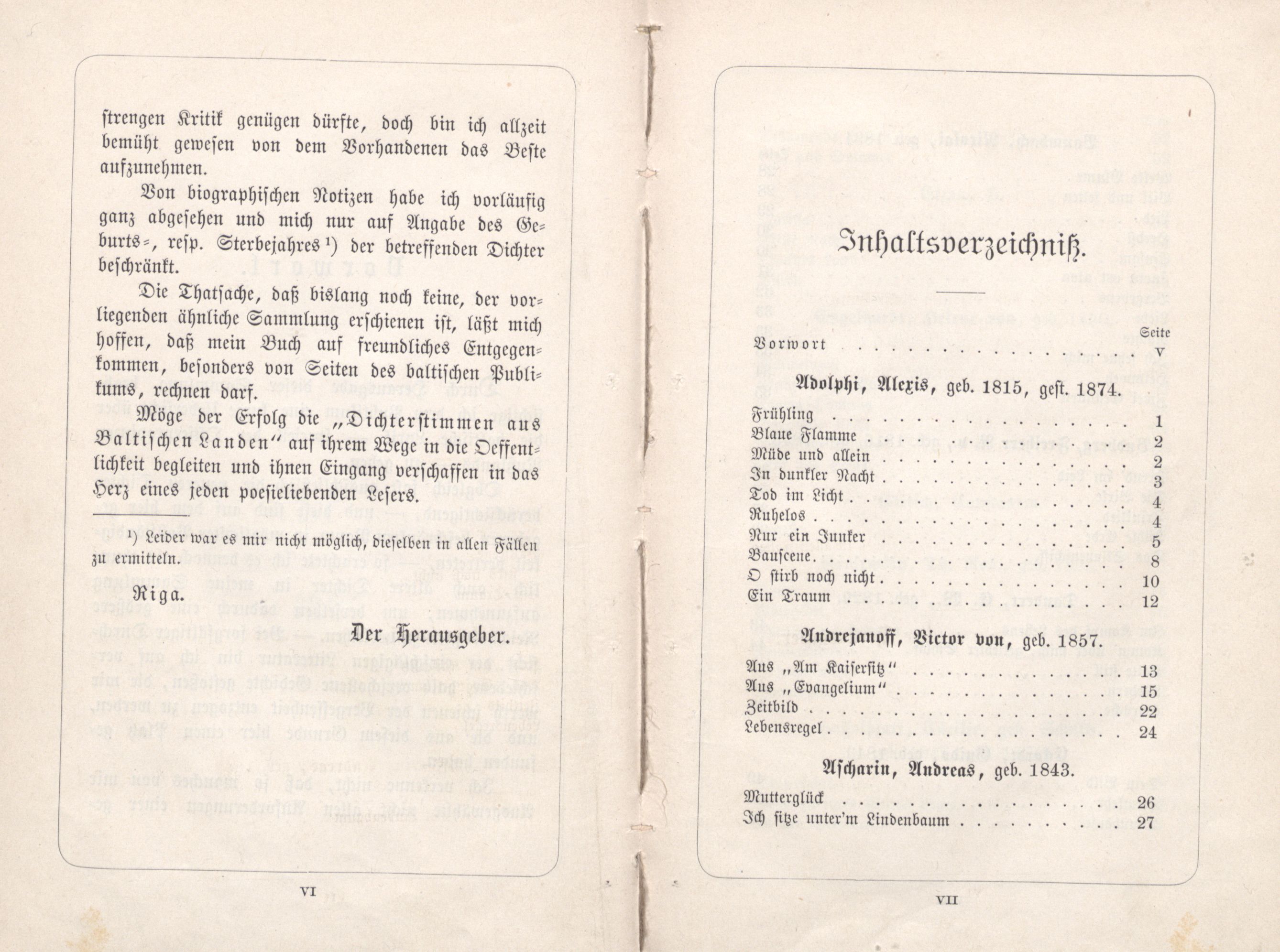 Dichterstimmen aus Baltischen Landen (1885) | 4. (VI-VII) Foreword, Table of contents