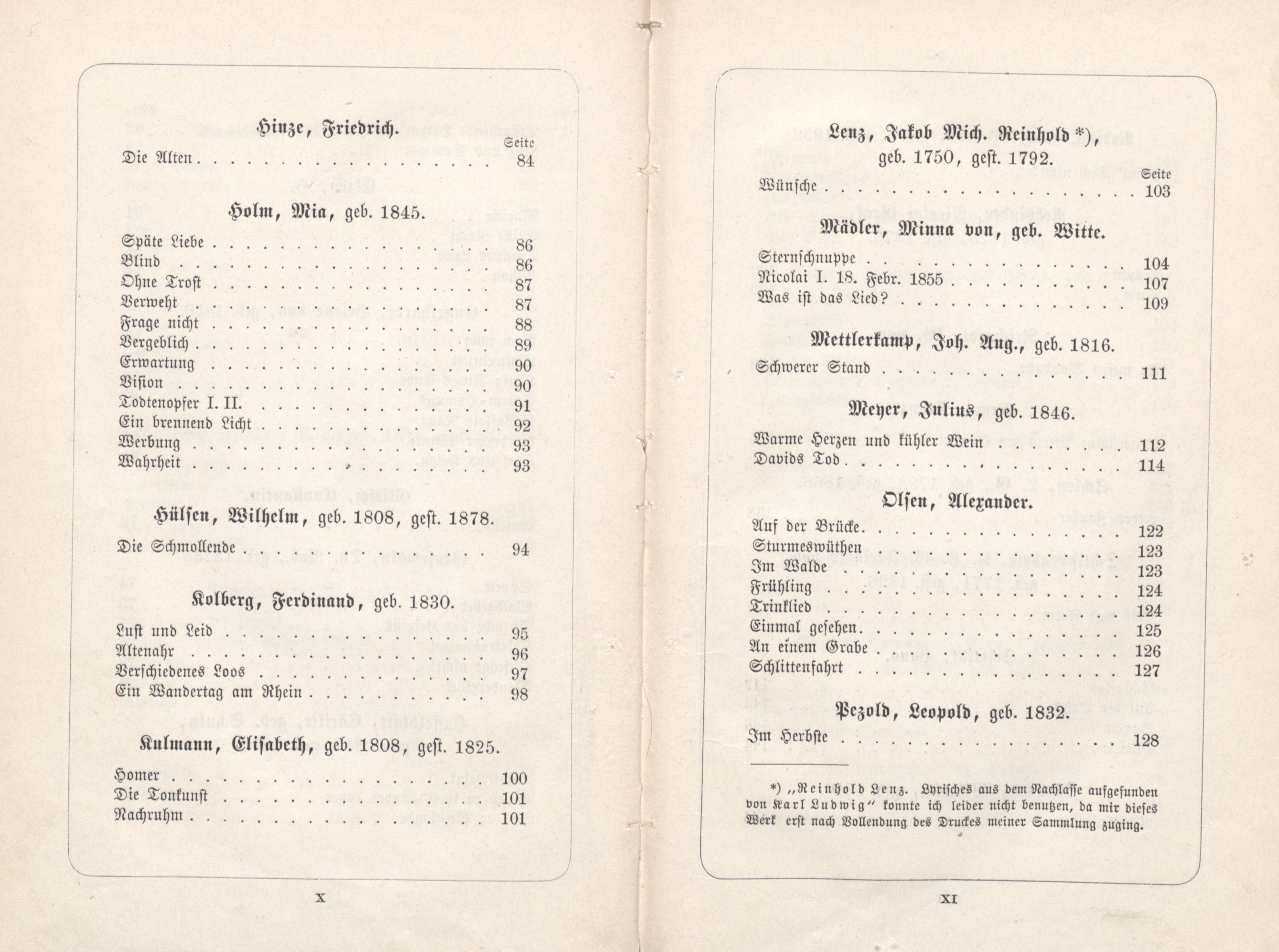 Dichterstimmen aus Baltischen Landen (1885) | 6. (X-XI) Table of contents