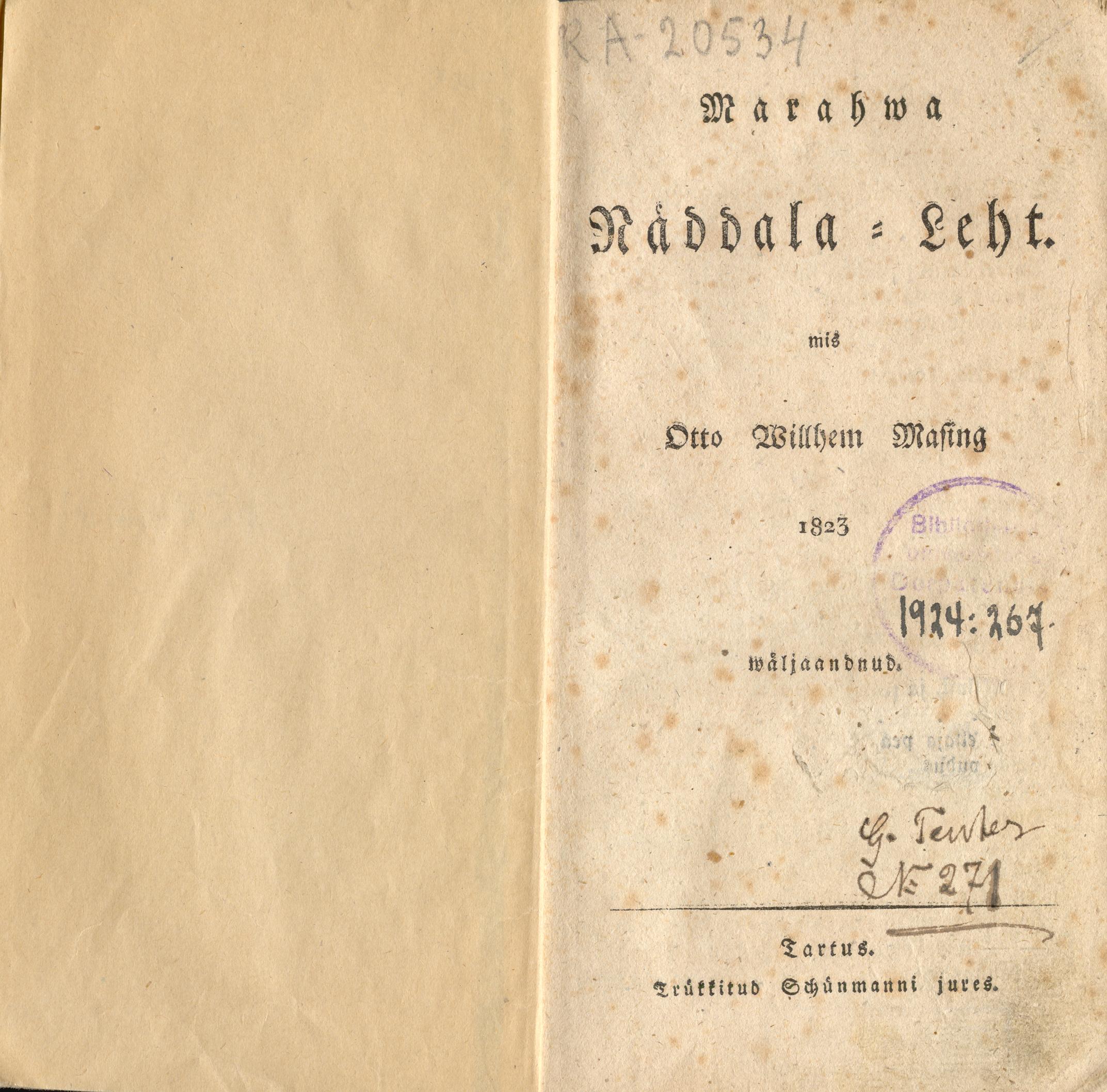 Marahwa Näddala-Leht [3] (1823) | 1. Title page