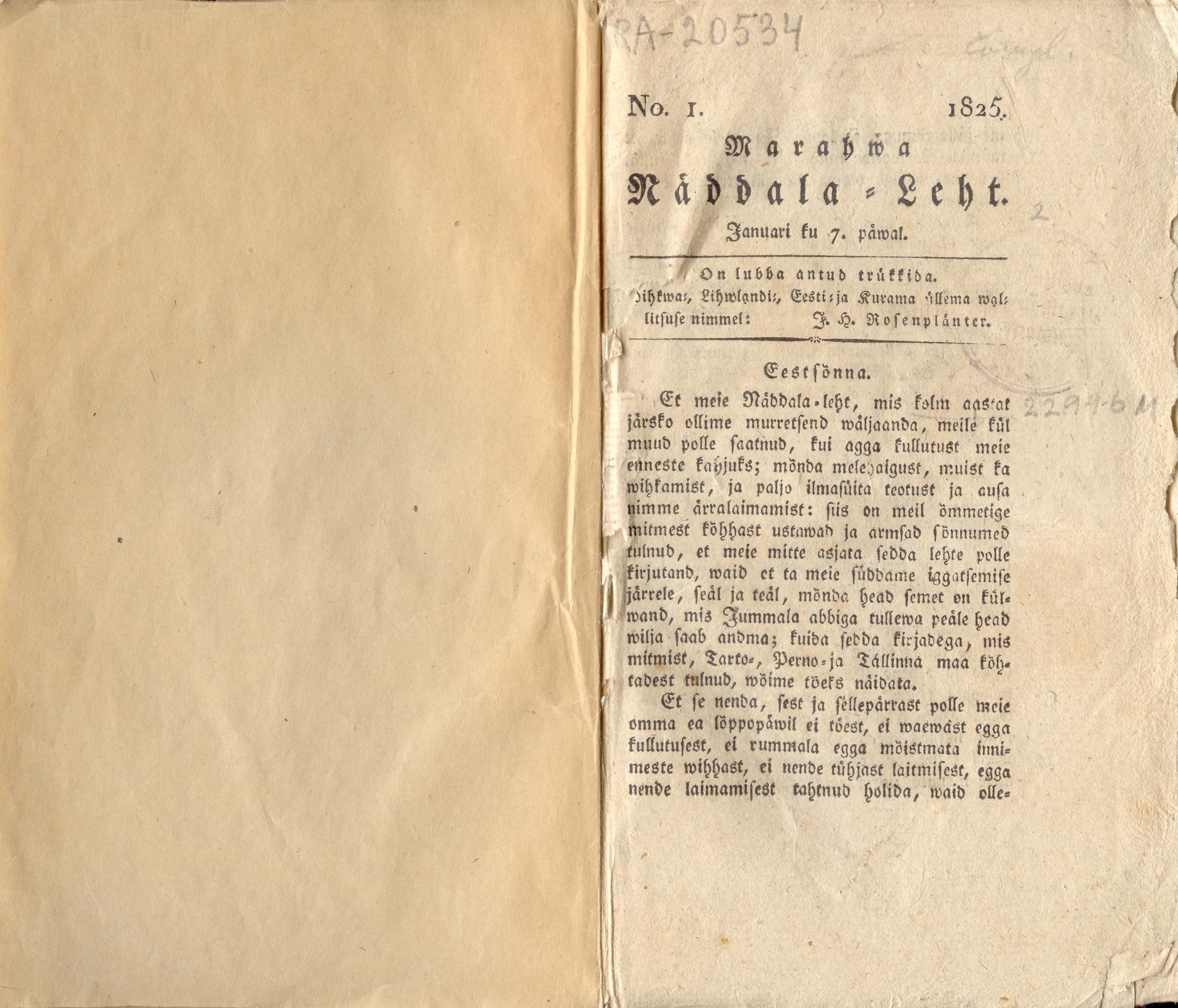 Marahwa Näddala-Leht [4] (1825) | 1. (1) Tiitelleht