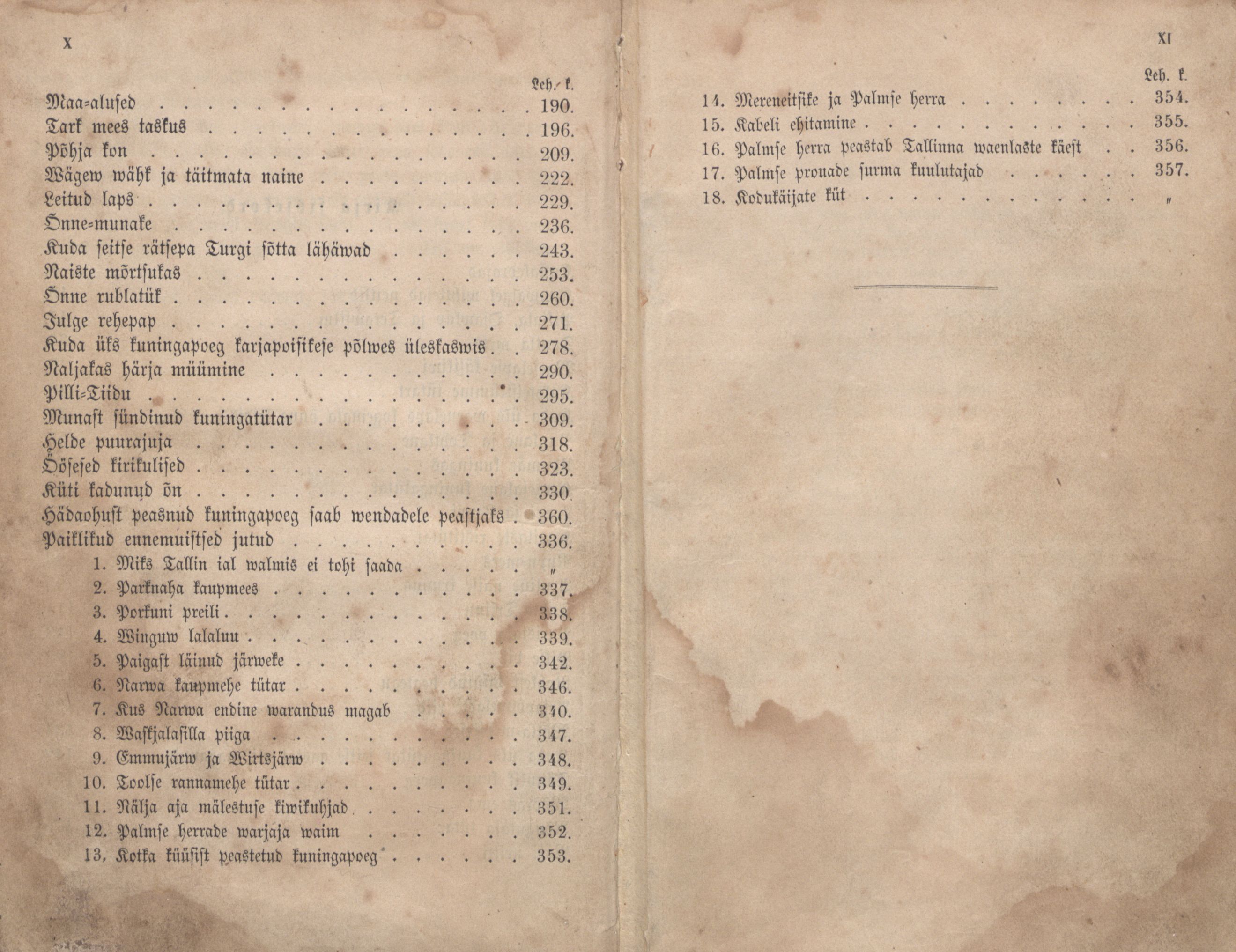 Eestirahwa Ennemuistesed jutud (1866) | 6. (X-XI) Table of contents