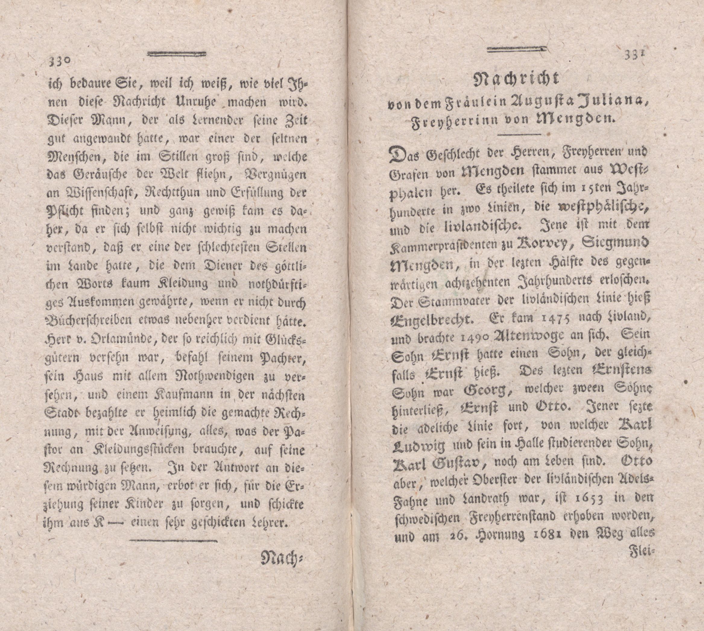 Nachricht von dem Fräulein Augusta Juliana, Freyherrinn von Mengden (1787) | 1. (330-331) Haupttext