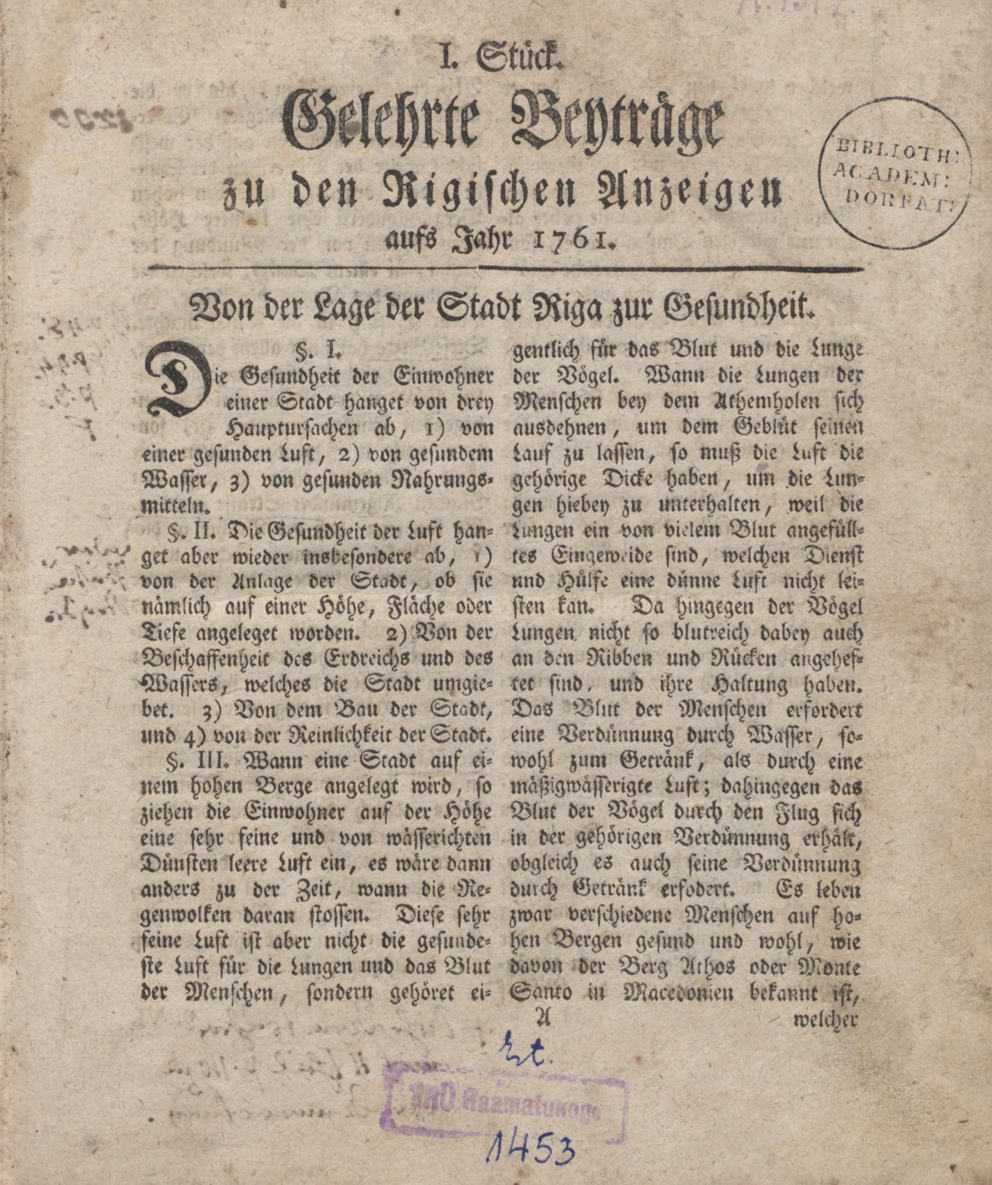 Gelehrte Beyträge zu den Rigischen Anzeigen (1761 – 1767) | 1. (1) Titelblatt