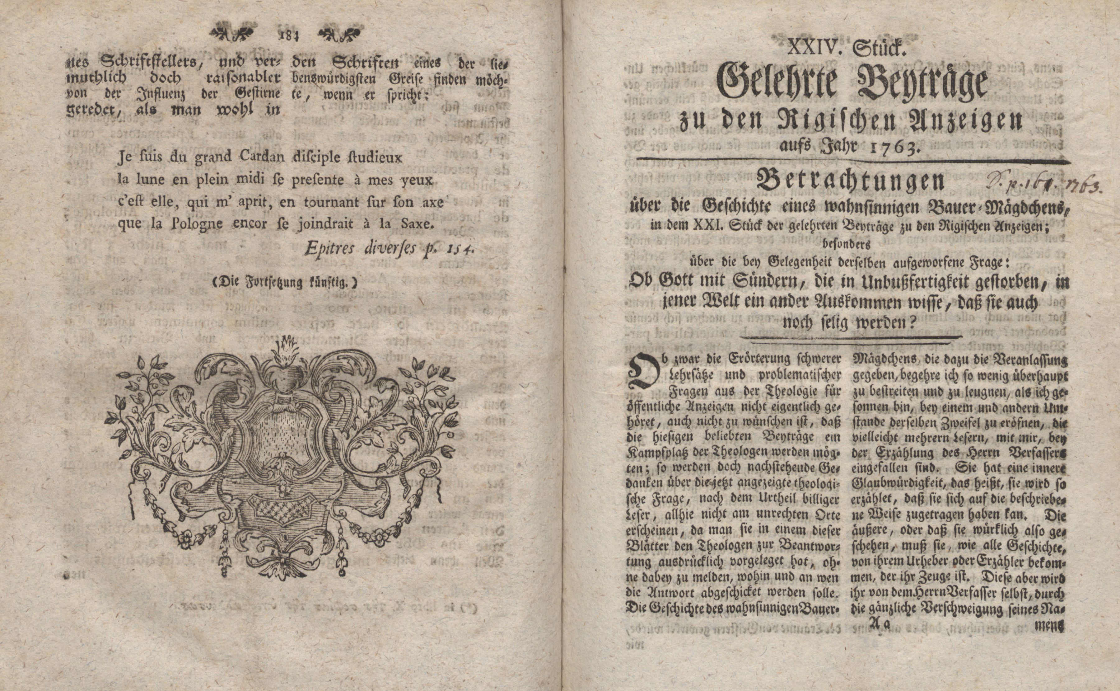 Betrachtungen über die Geschichte eines wahnsinnigen Bauer-Mägdchens (1763) | 1. (184-185) Main body of text