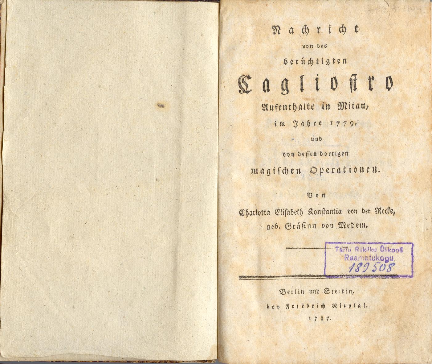 Nachricht von des berüchtigten Cagliostro Aufenthalte in Mitau (1787) | 1. Tiitelleht