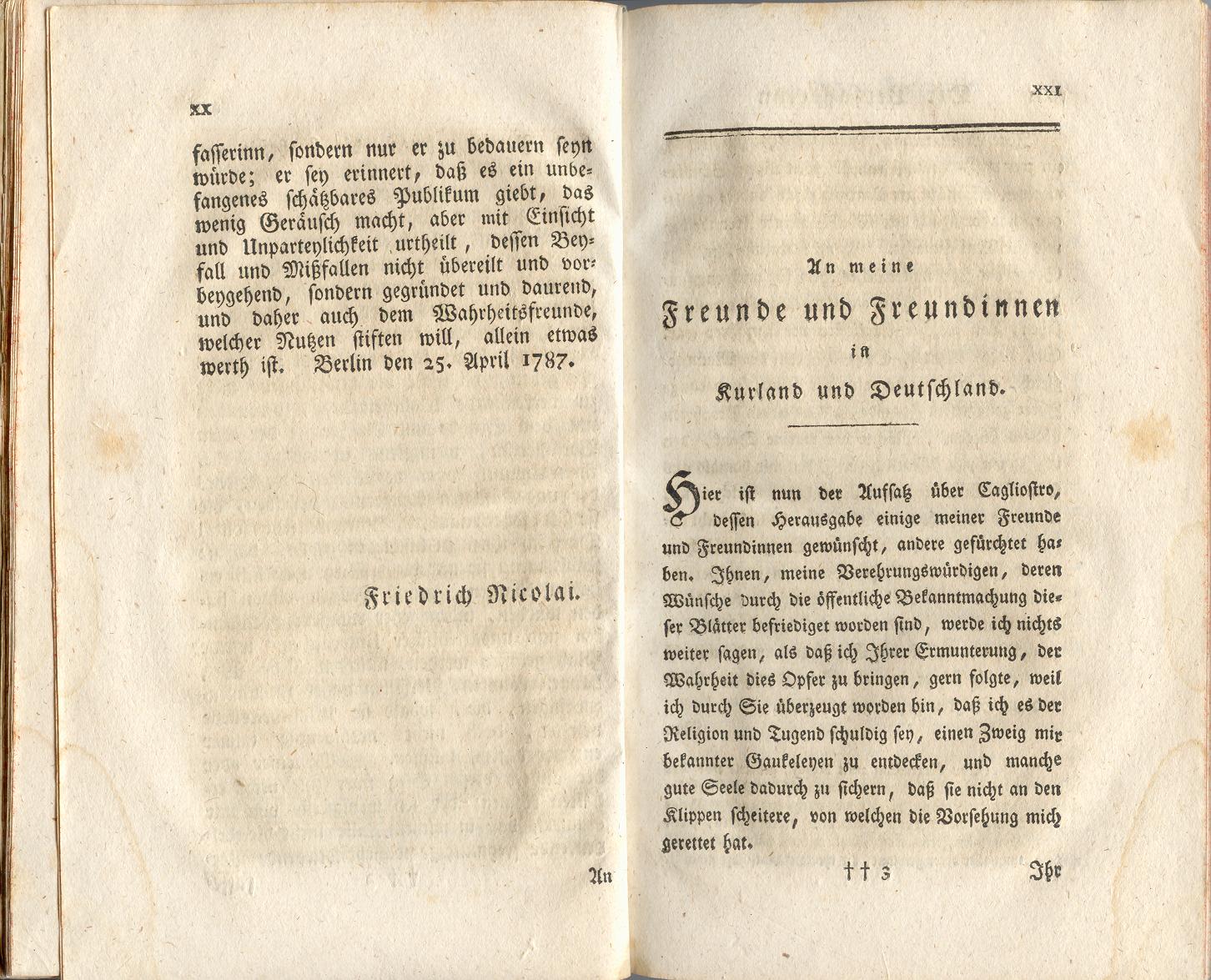 Nachricht von des berüchtigten Cagliostro Aufenthalte in Mitau (1787) | 11. (XX-XXI) Предисловие