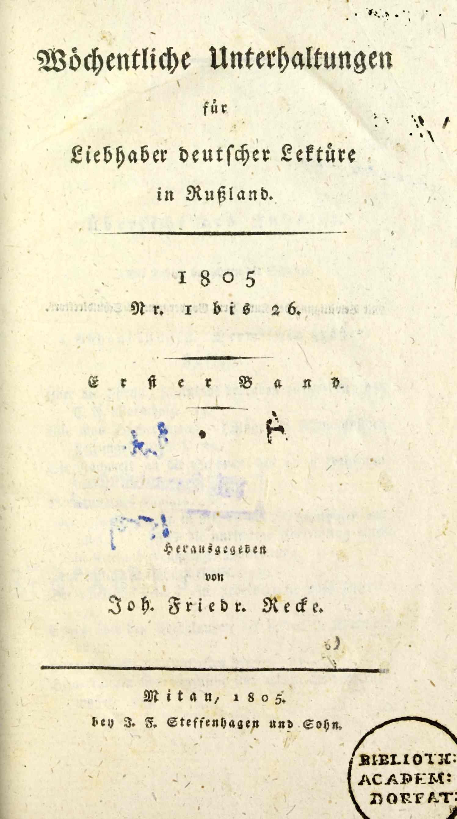 Wöchentliche Unterhaltungen [1] (1805) | 1. Title page