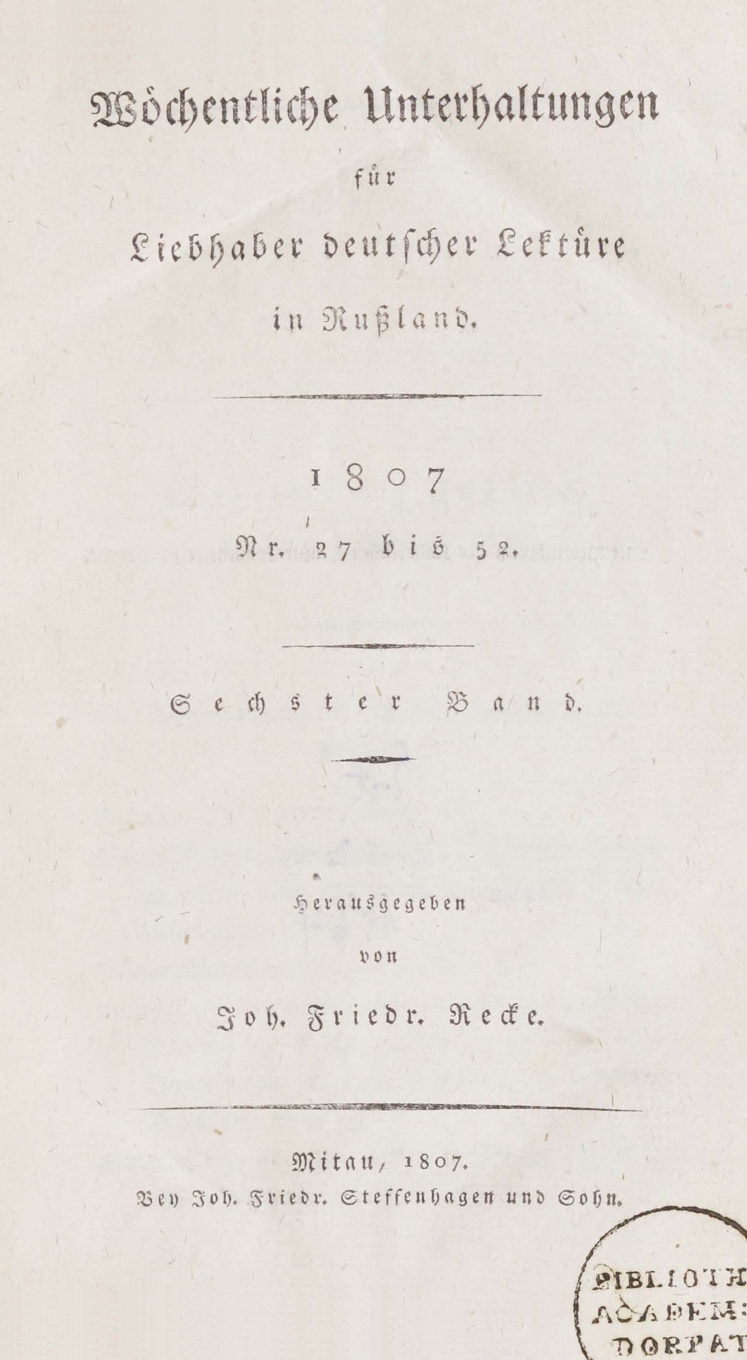 Wöchentliche Unterhaltungen [6] (1807) | 1. Tiitelleht