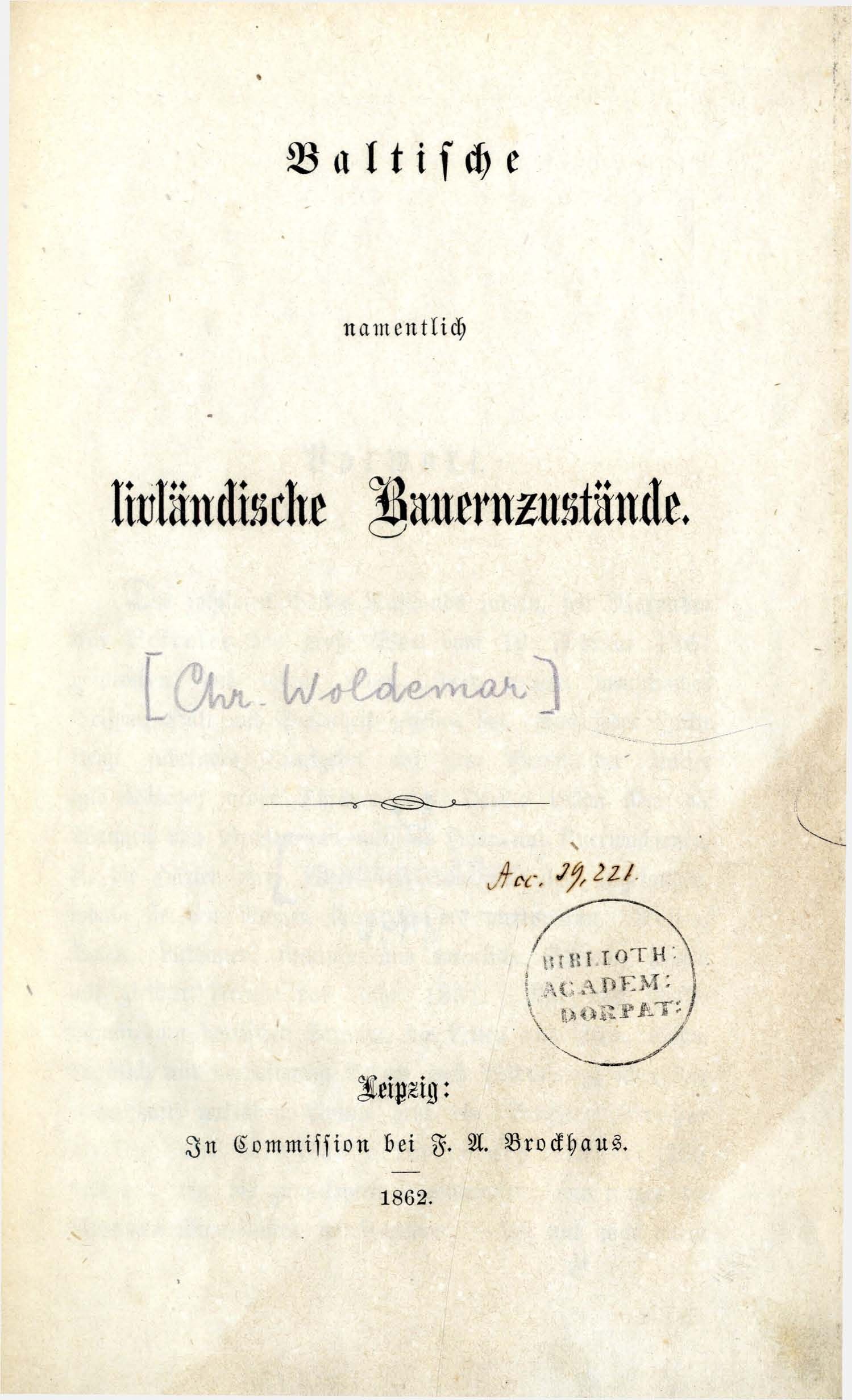 Baltische, namentlich livländische Bauernzustände (1862) | 1. Титульный лист