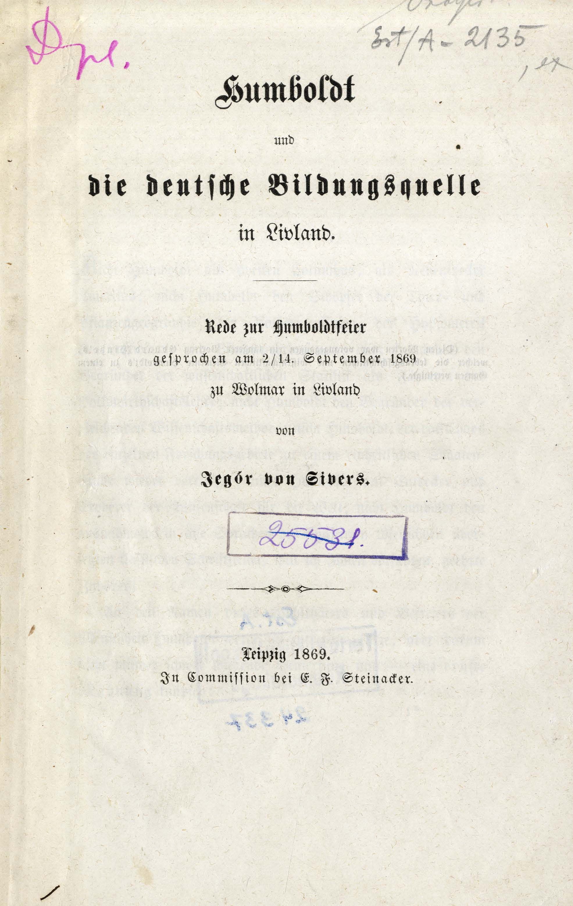 Humboldt und die deutsche Bildungsquelle in Livland (1869) | 1. Title page