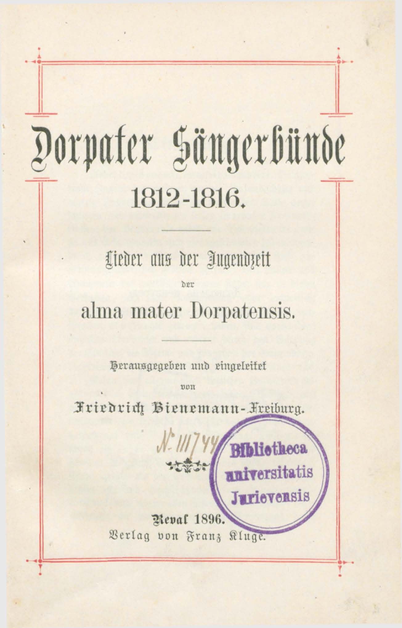Dorpater Sängerbünde 1812-1816 (1896) | 2. Titelblatt