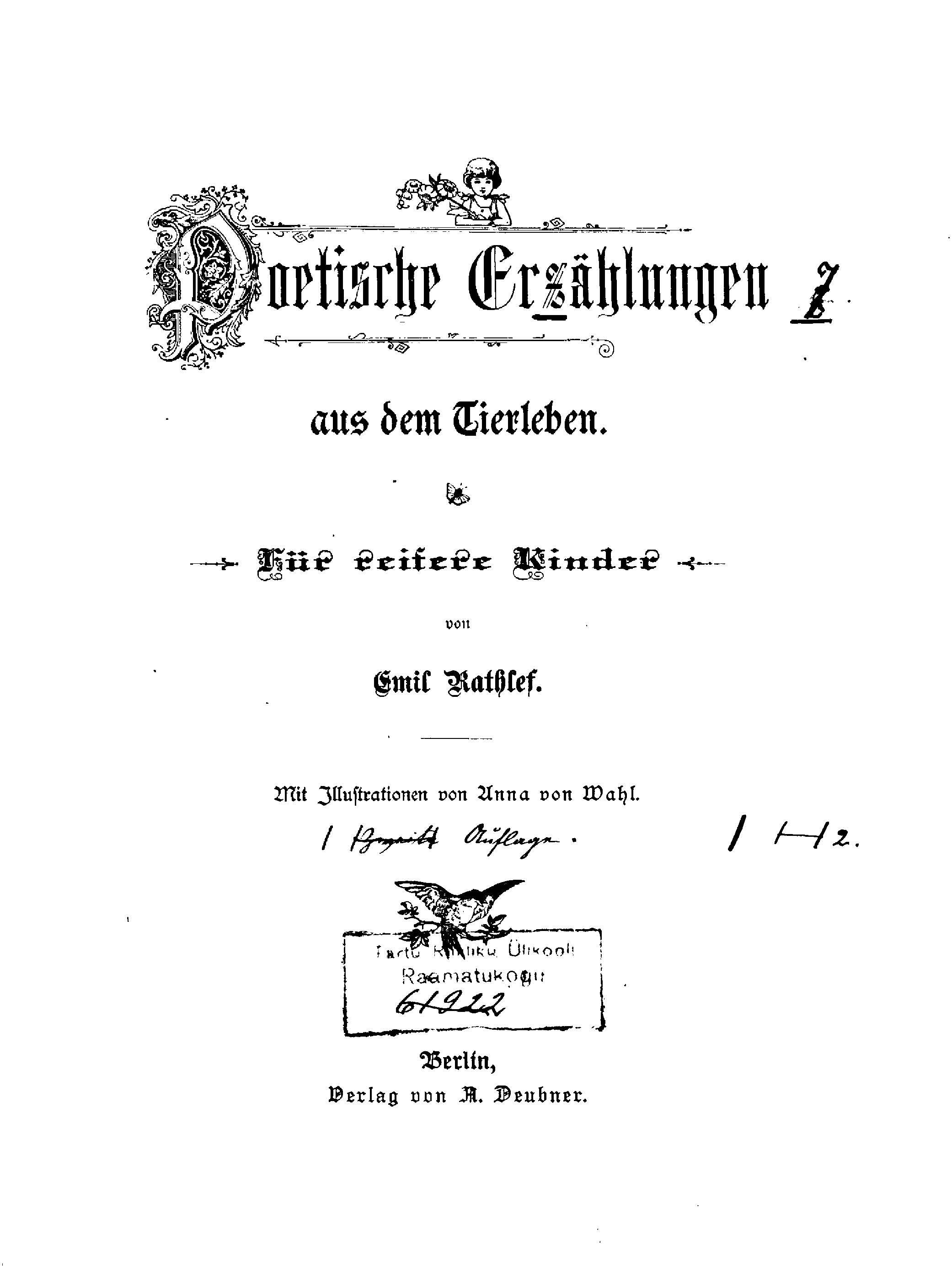 Poetische Erzählungen aus dem Tierleben (1889) | 2. Титульный лист